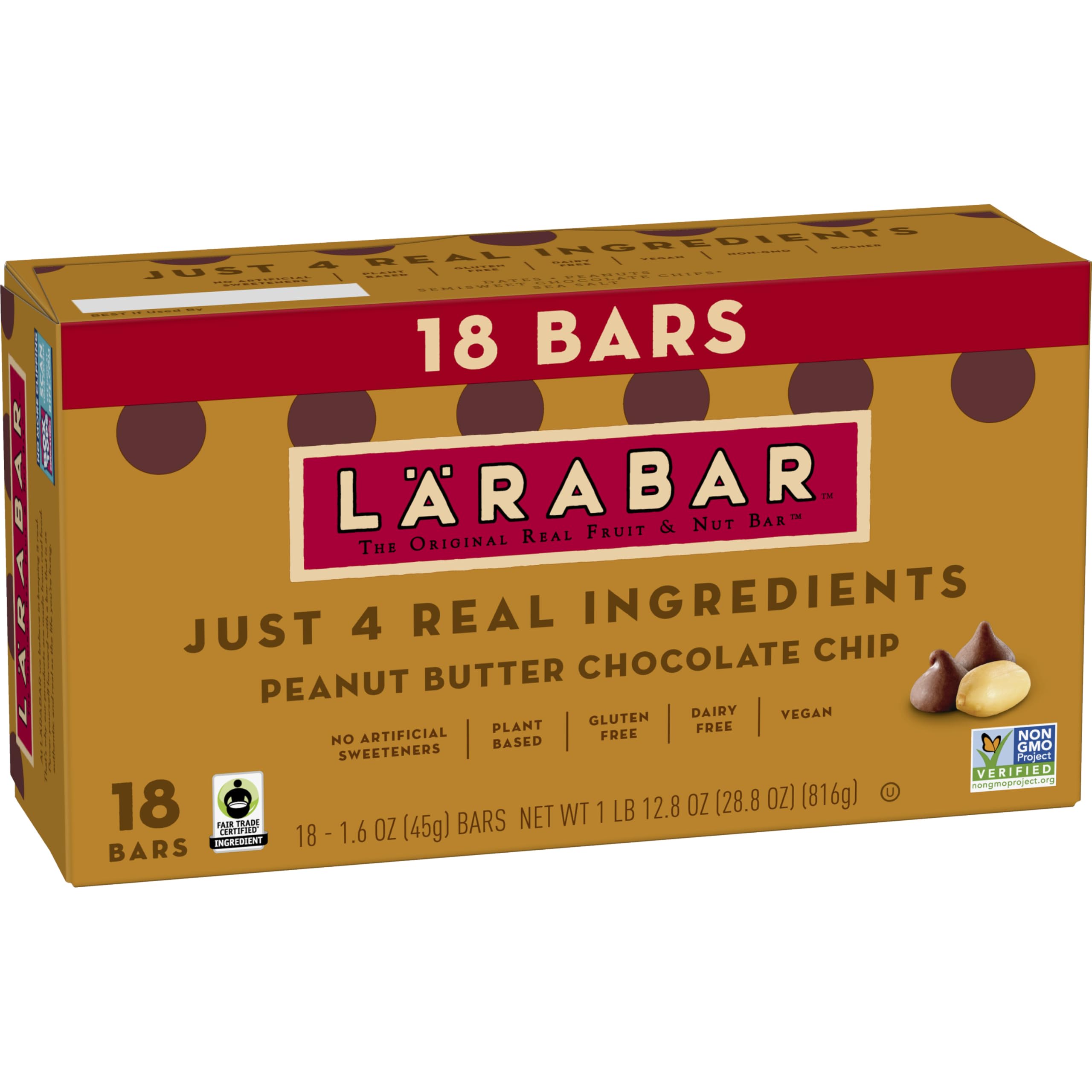 Packaging of LÄRABAR Peanut Butter Chocolate Chip highlights simple ingredients for on-the-go snacking