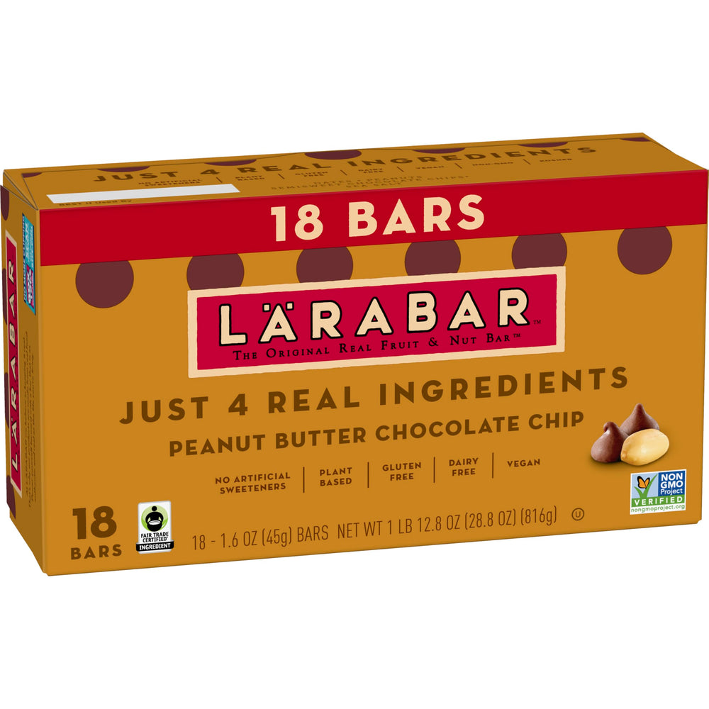 Packaging of LÄRABAR Peanut Butter Chocolate Chip highlights simple ingredients for on-the-go snacking