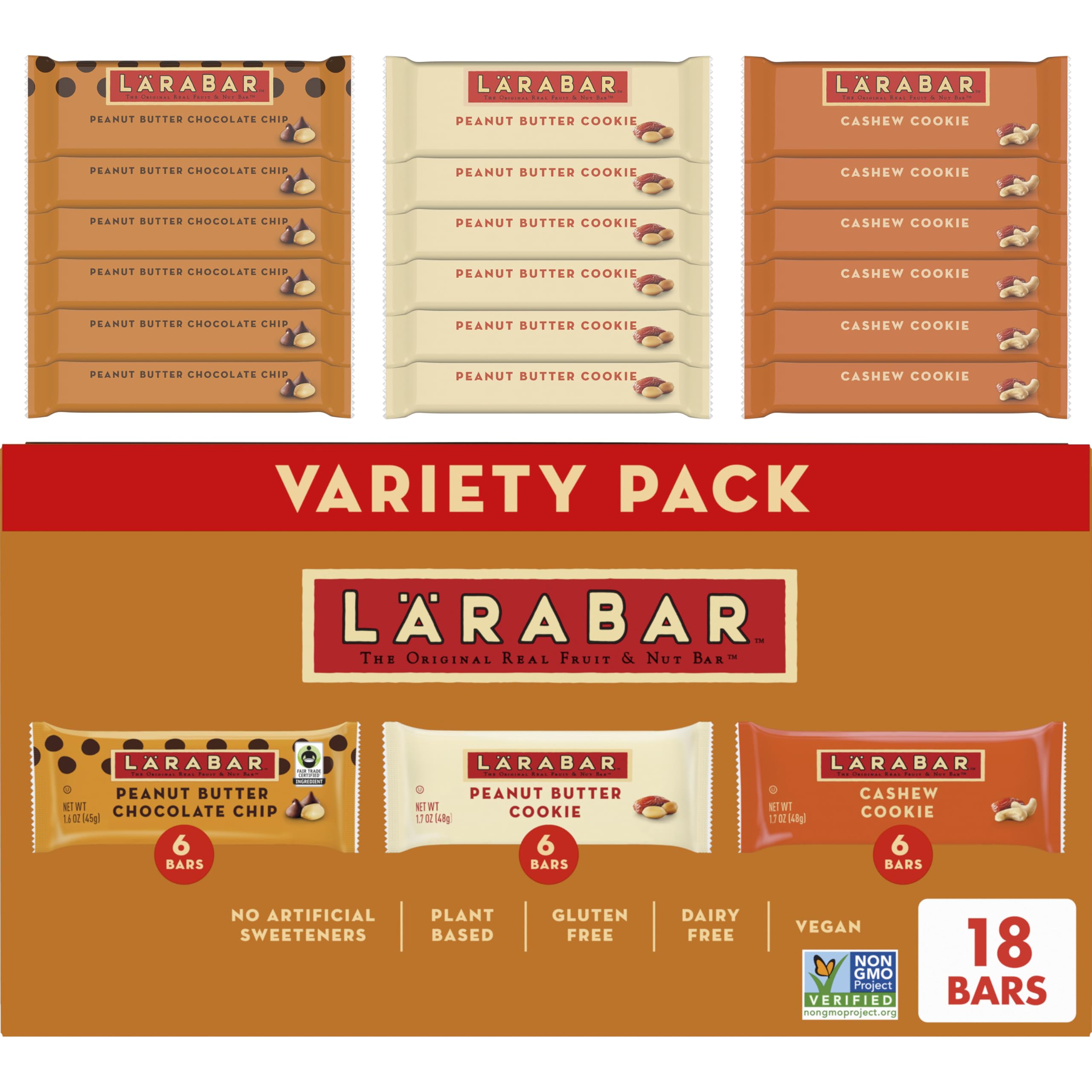 LÄRABAR variety pack box front, gluten-free vegan snacks.