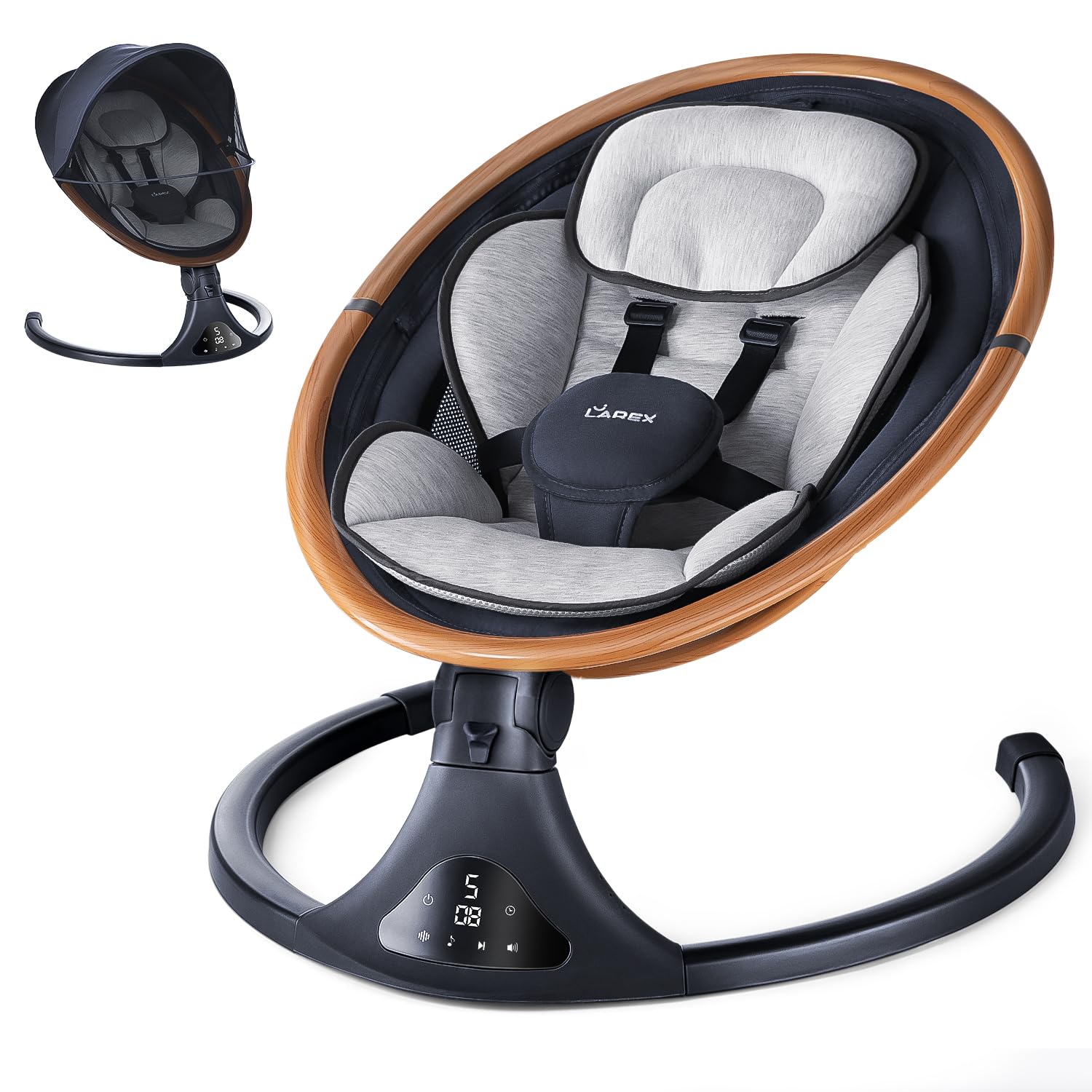 Larex Baby Swing Gray front view with control panel for soothing motion