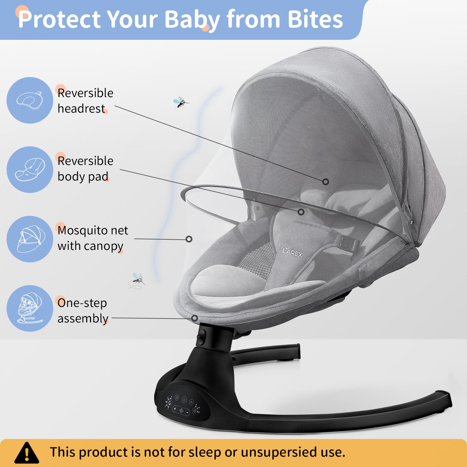 Larex baby swing supports babies up to 20 pounds and 6 months