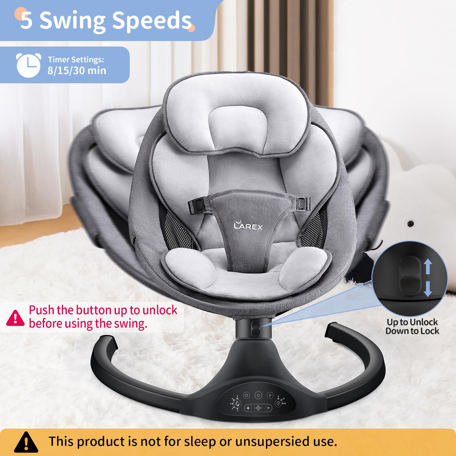 Larex baby swing seat with secure 3-point harness close-up