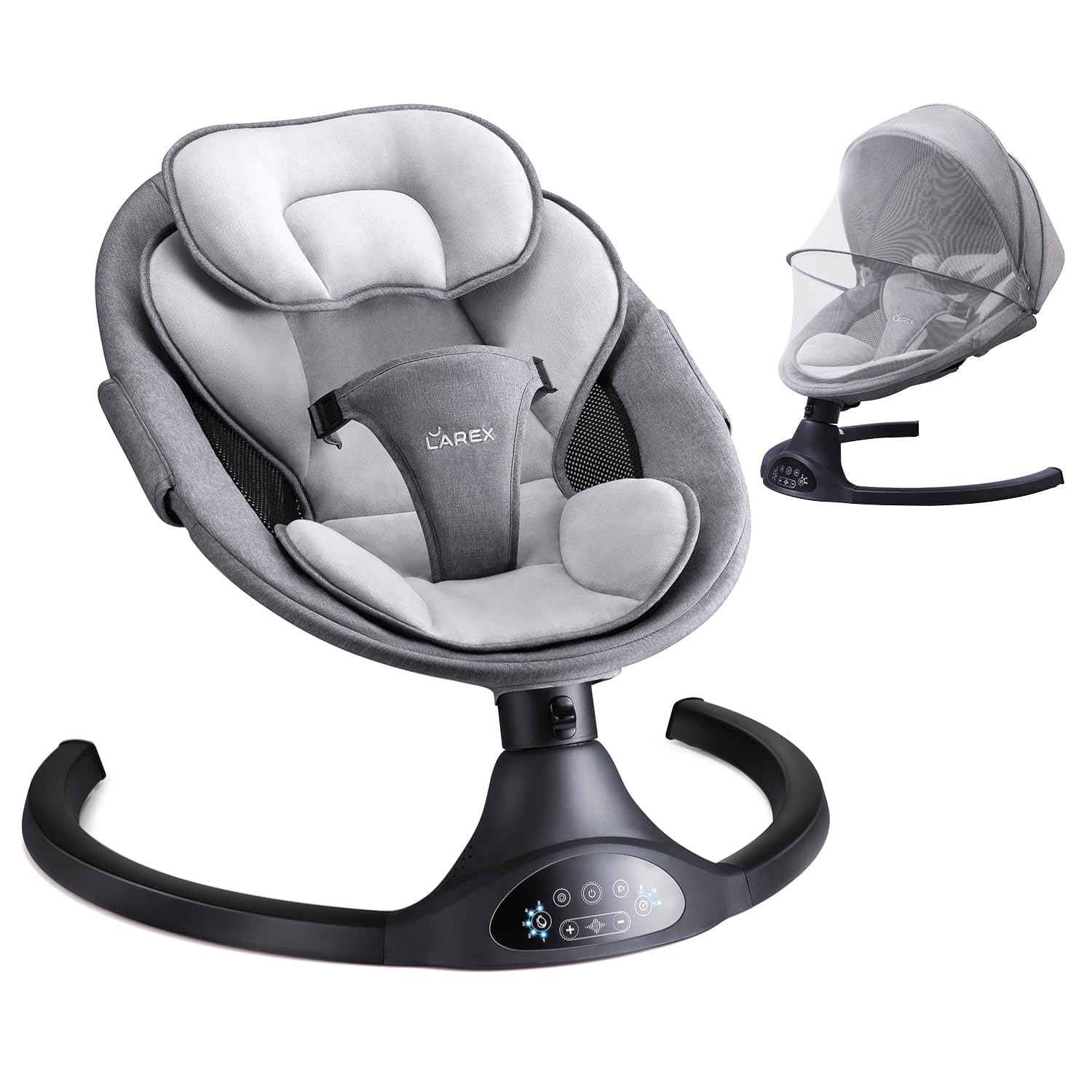 Larex baby swing side view showing soothing motion for infants
