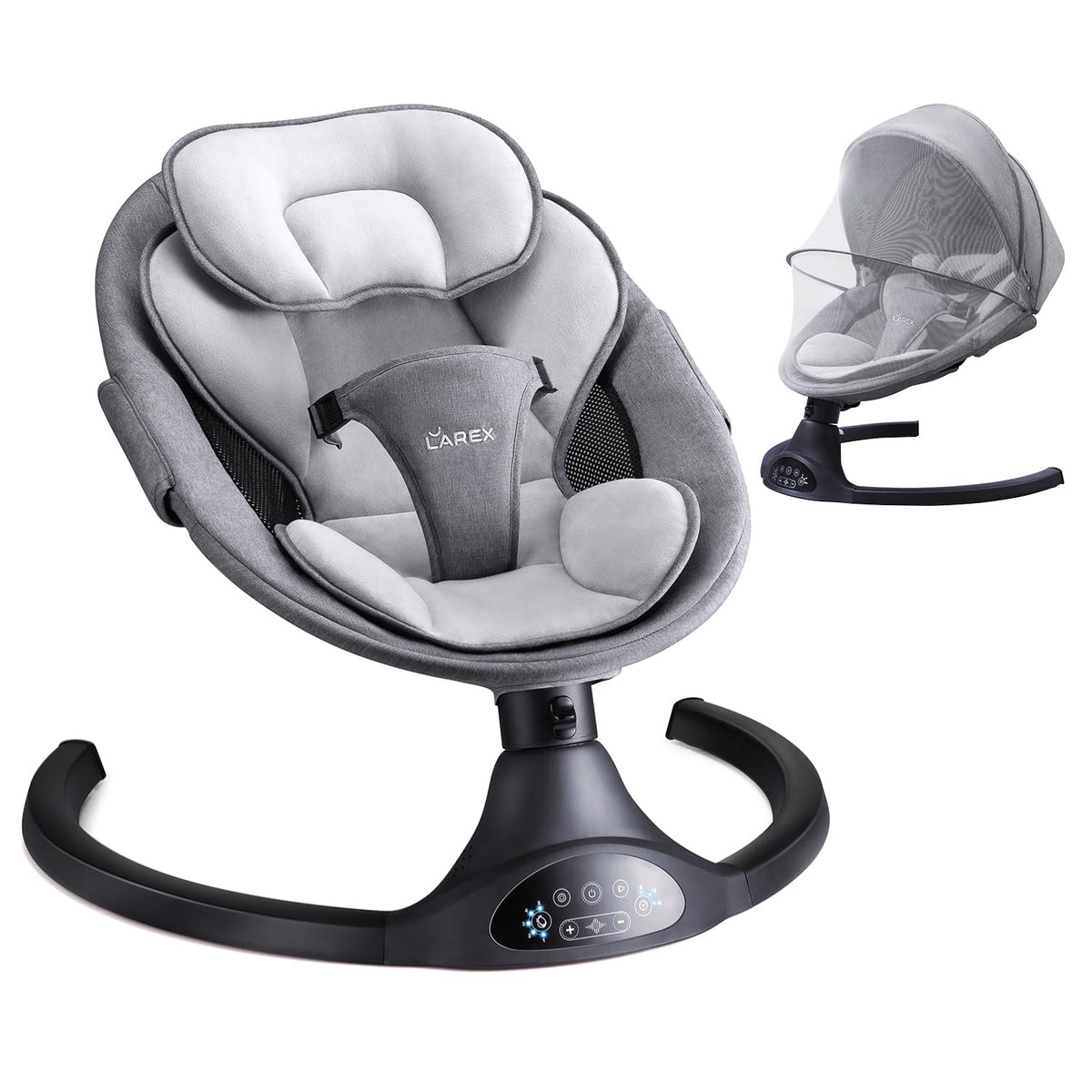Larex baby swing side view showing soothing motion for infants