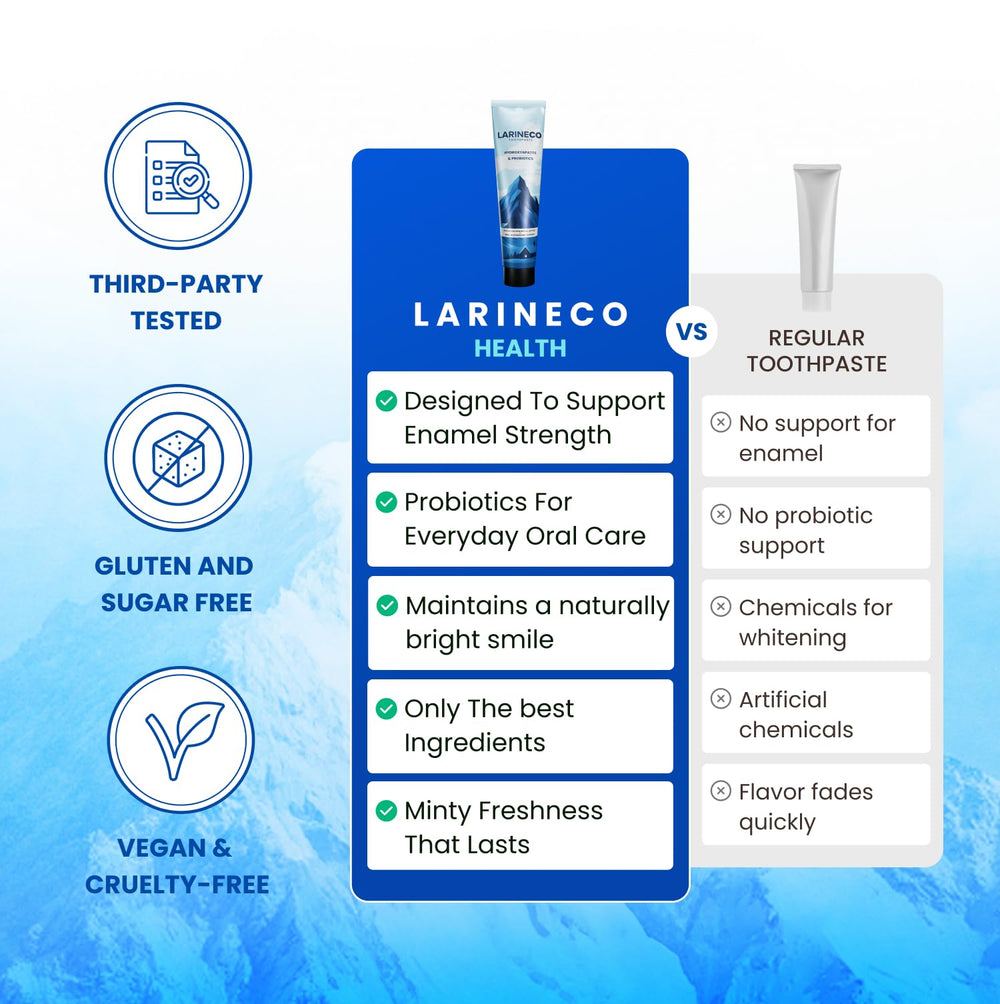 Larine co 4oz toothpaste tube on bathroom counter for daily care