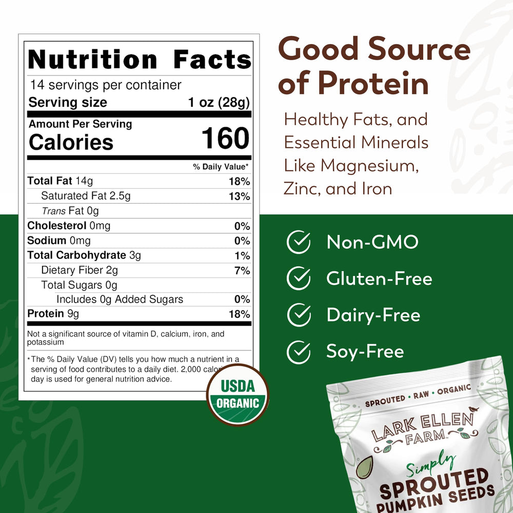Lark Ellen Farm organic pumpkin seeds in resealable bag for fresh crunch.