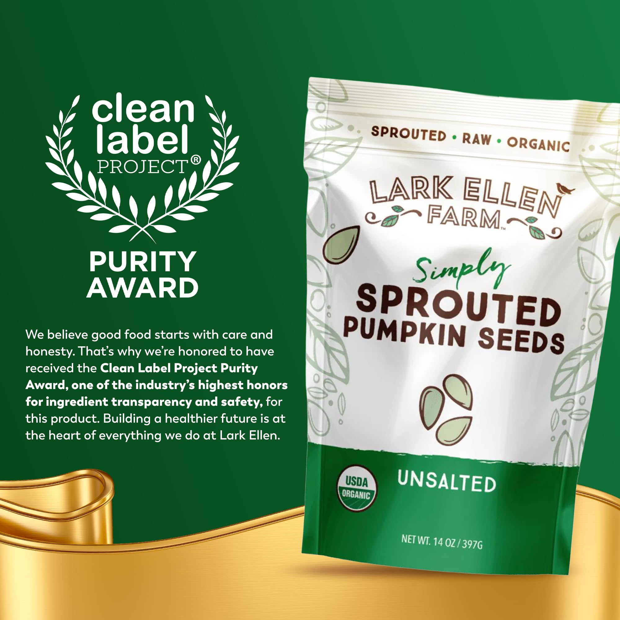 Lark Ellen Farm sprouted pumpkin seeds in resealable bag for fresh snacking.