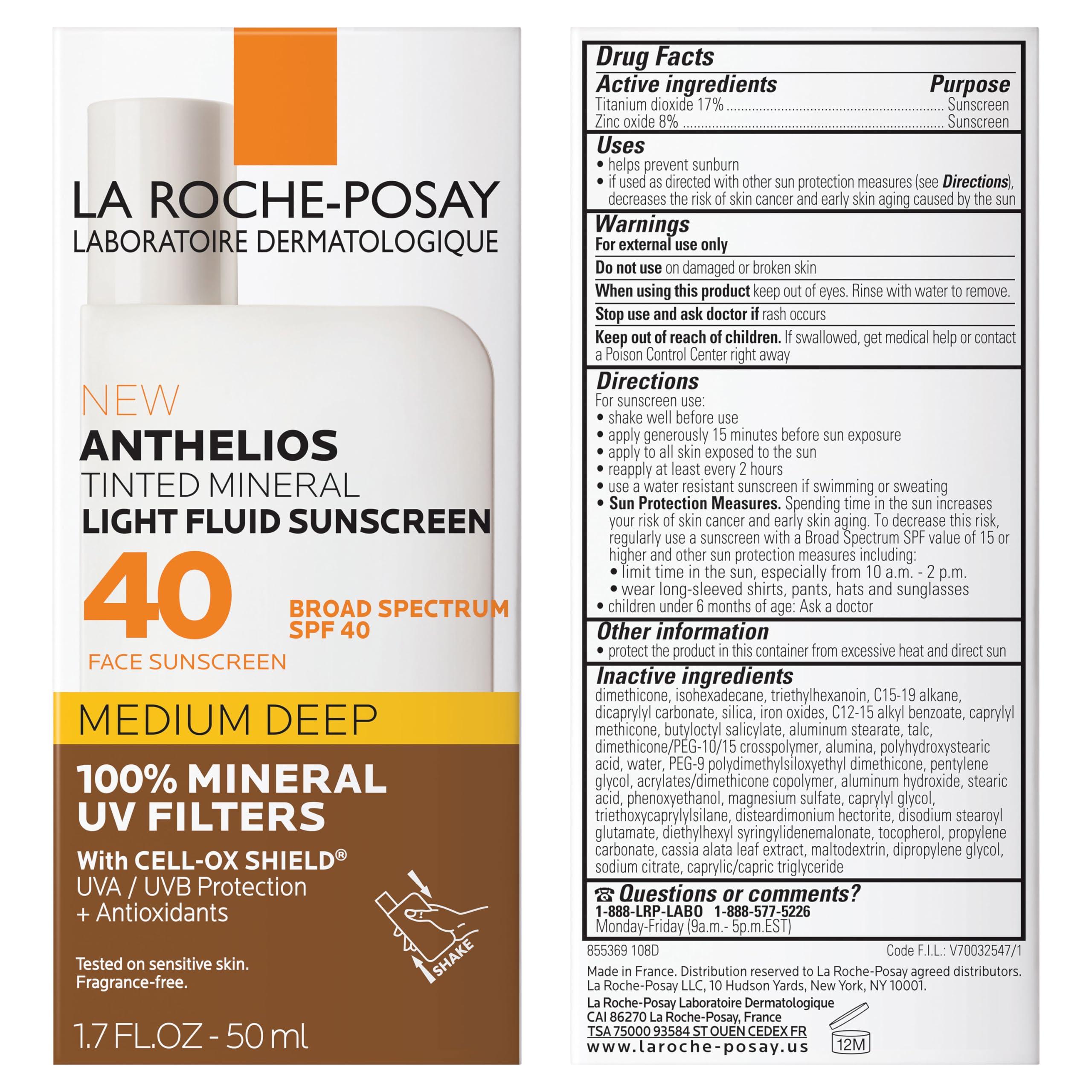 SPF 40 packaging of La Roche-Posay Anthelios tinted mineral sunscreen highlights shade options.