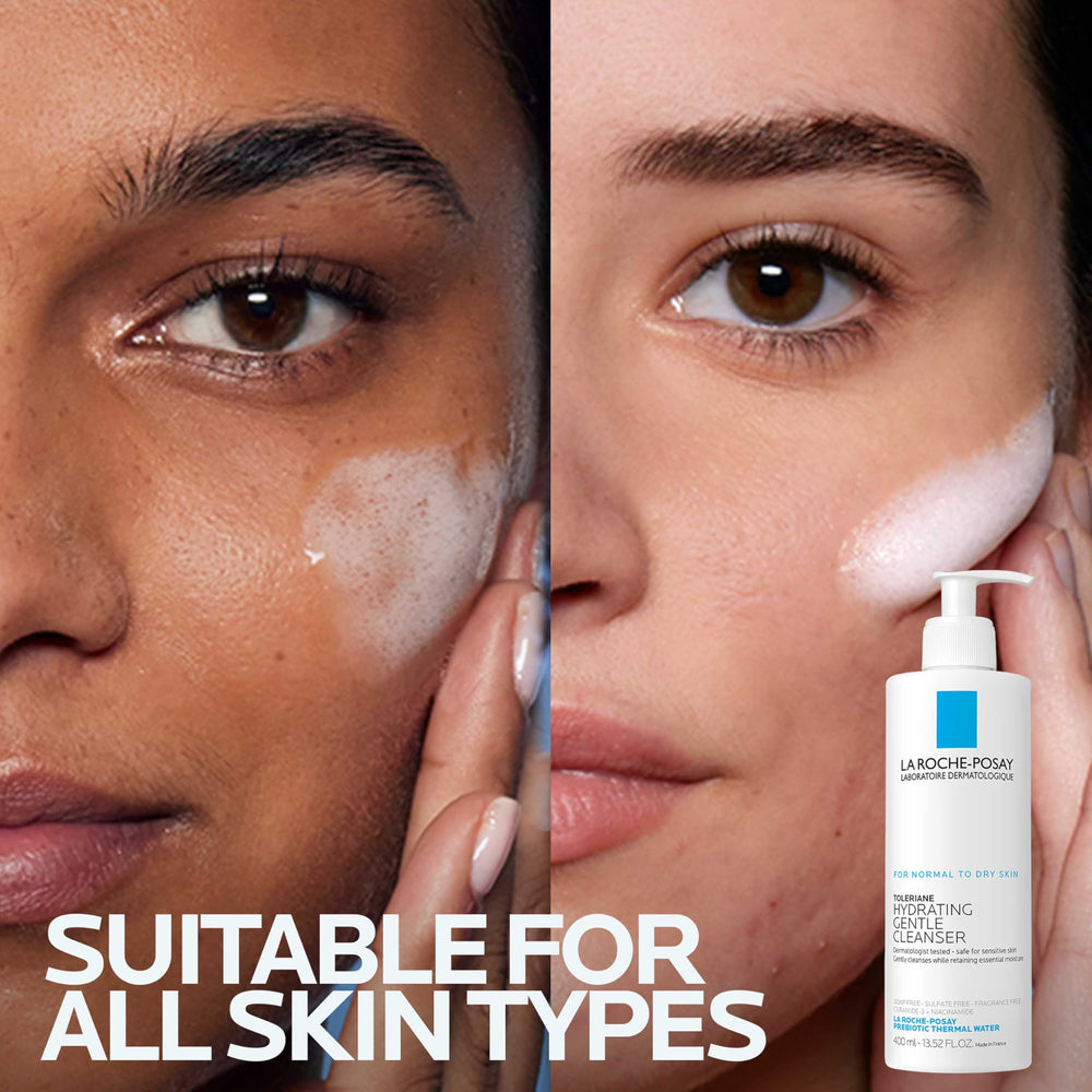 Application of La Roche-Posay Hydrating Cleanser on damp skin during routine