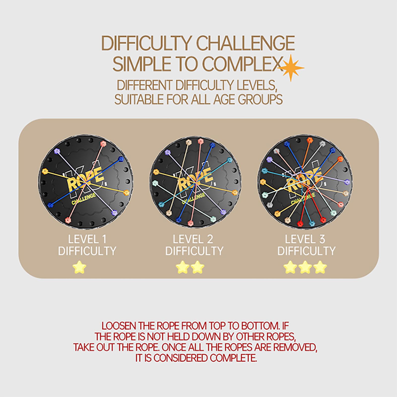 Lartoys Rope Untangling Game difficulty scale shows kid to adult challenges