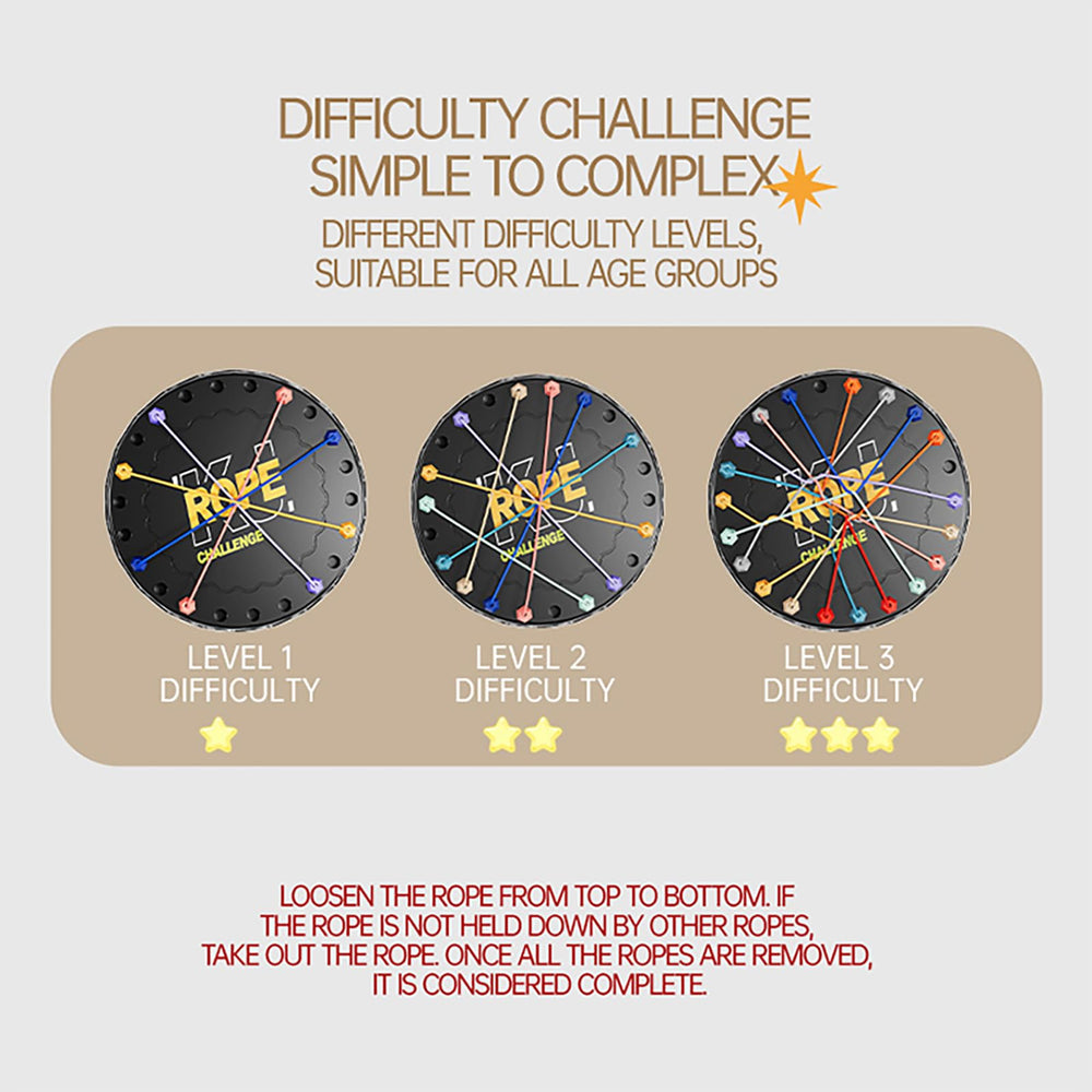 Lartoys Rope Untangling Game difficulty scale shows kid to adult challenges