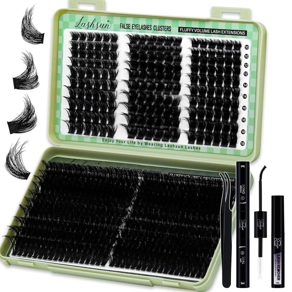 LASHSUN 540pcs D Curl kit packaging showing at-home lash studio setup