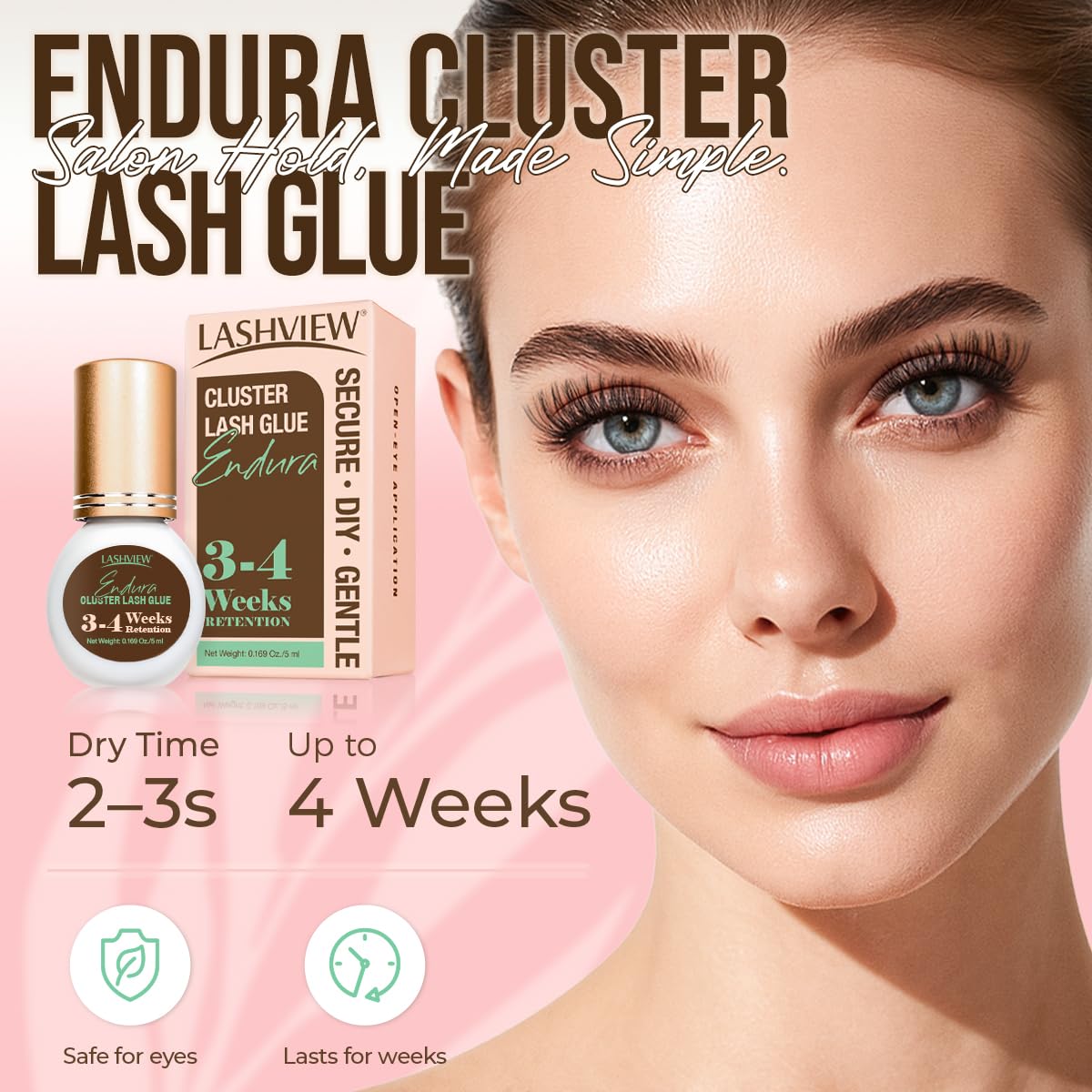 LASHVIEW Lash Cluster Glue packaging highlights up to four weeks wear.