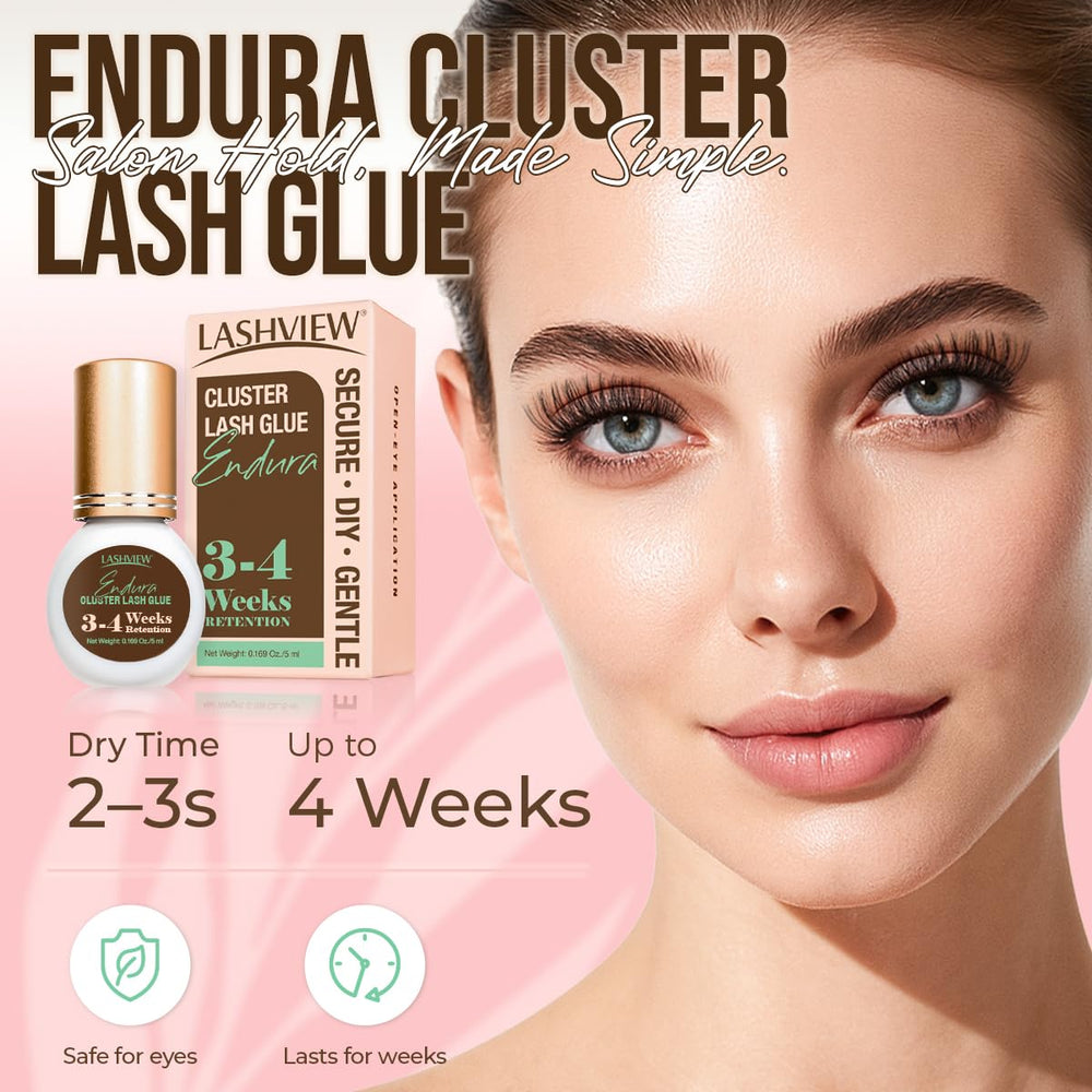 LASHVIEW Lash Cluster Glue packaging highlights up to four weeks wear.