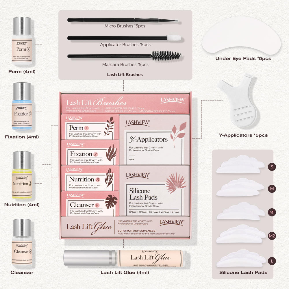 LASHVIEW lash lift bottle and tools arranged for precise application