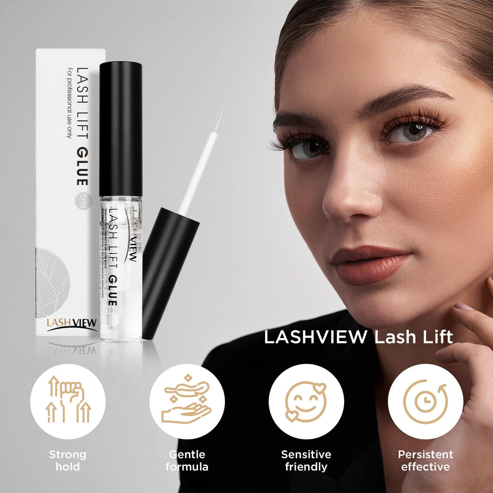 Close-up of LASHVIEW bottle used for lash lift professionals.