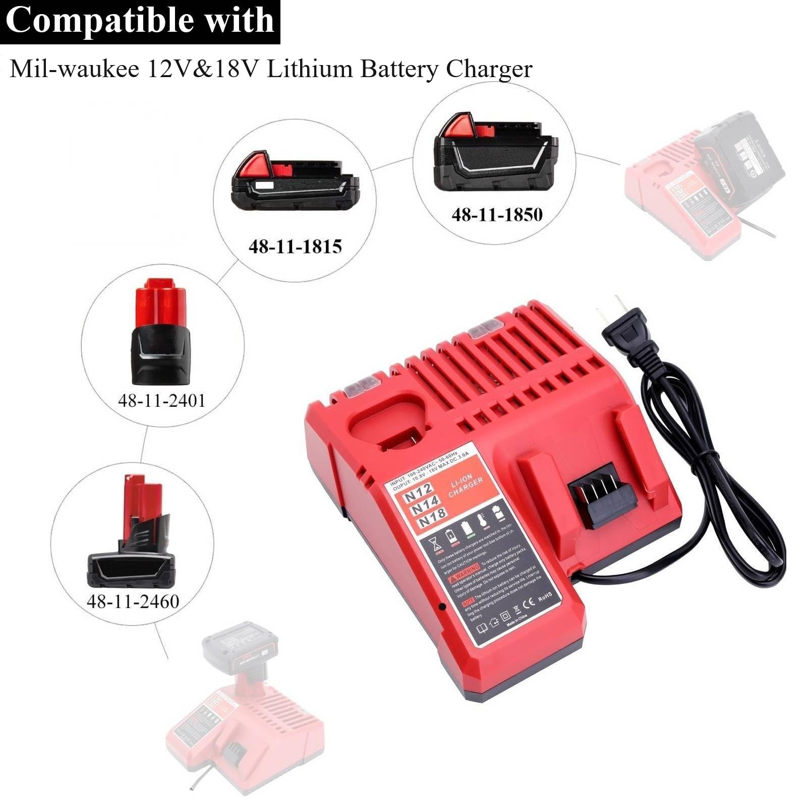 Lasica charger compatible 12V Mil-Waukee packs example 48-11-2401 and 48-11-2412
