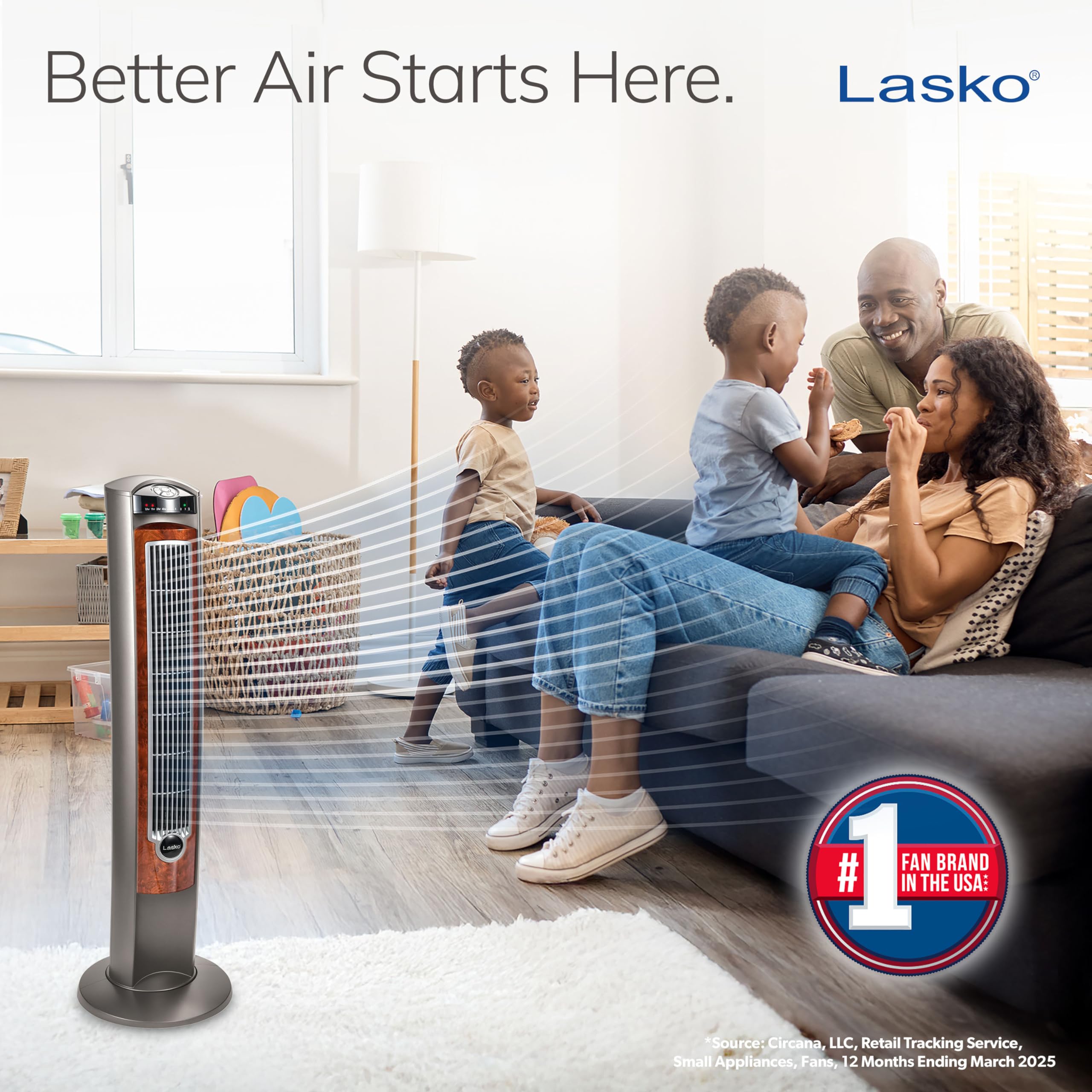 Lasko woodgrain gray tower fan enhances bedroom decor while cooling