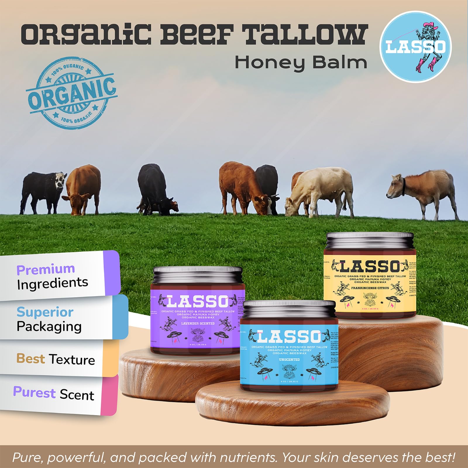 LASSO TALLOW grass-fed tallow in glass jar suggests rich, balanced skin nourishment