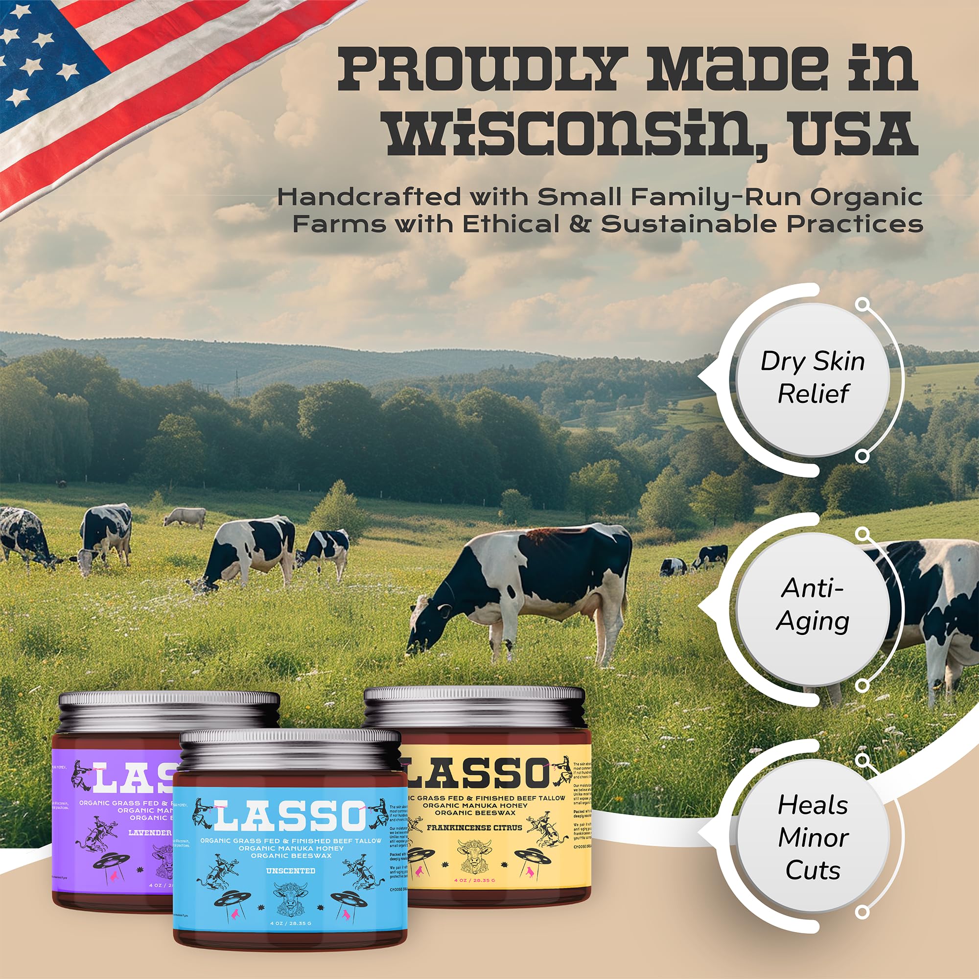 LASSO TALLOW ingredients line highlights grass-fed tallow and Manuka honey