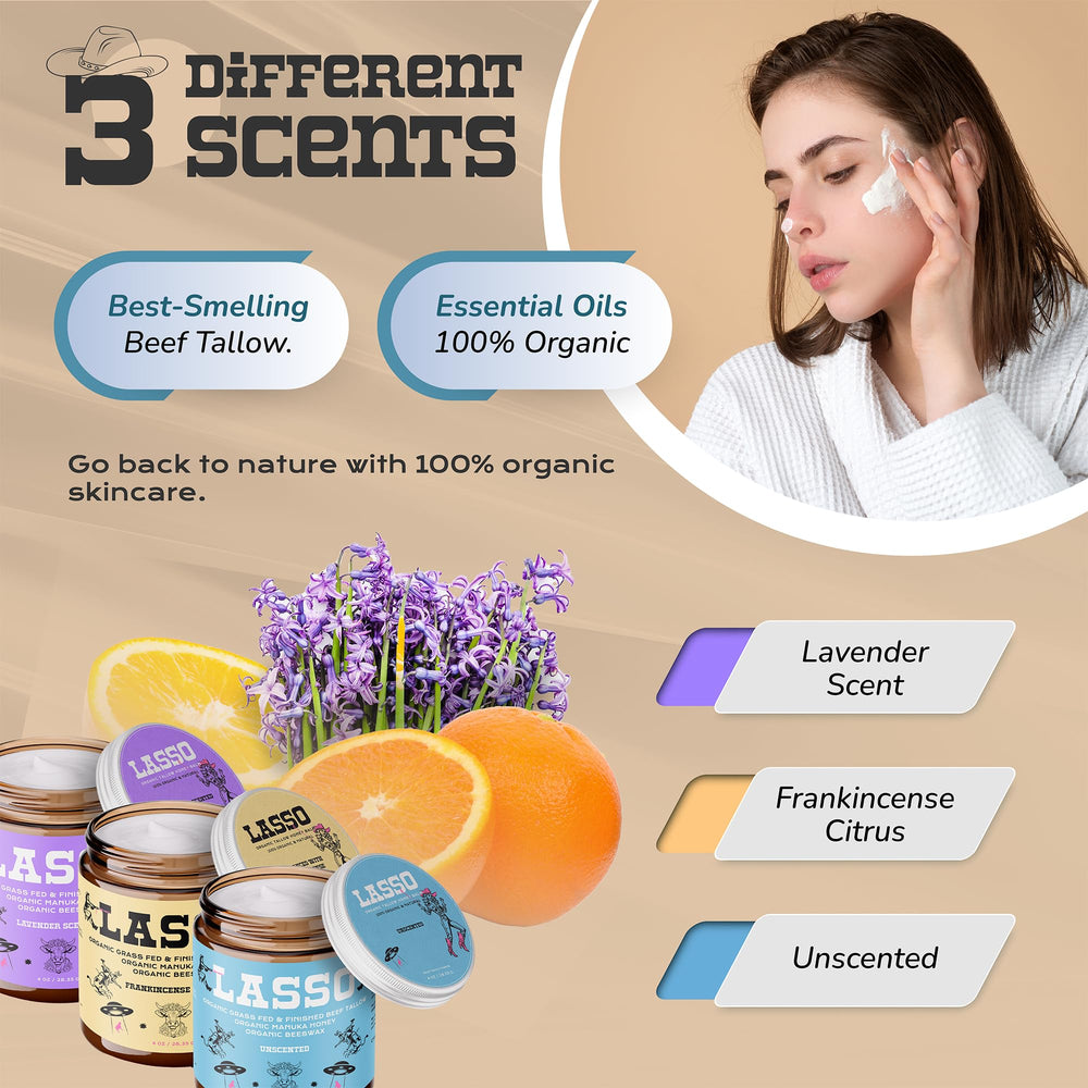 LASSO TALLOW unscented balm on hands is gentle for sensitive skin