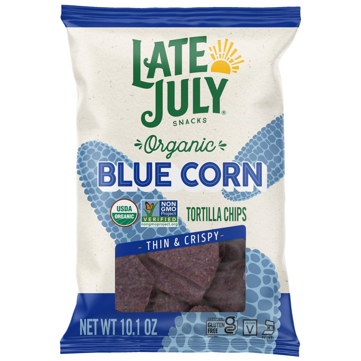 Late July blue corn tortilla chips bag front, ideal party snack.
