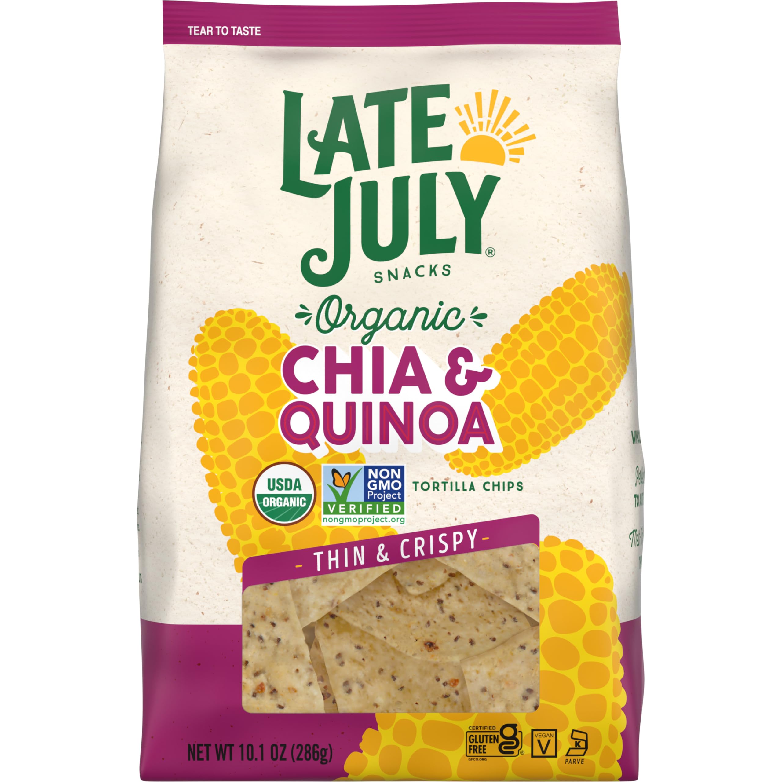 Late July chia-quinoa tortilla chips in a bag, gluten-free snack