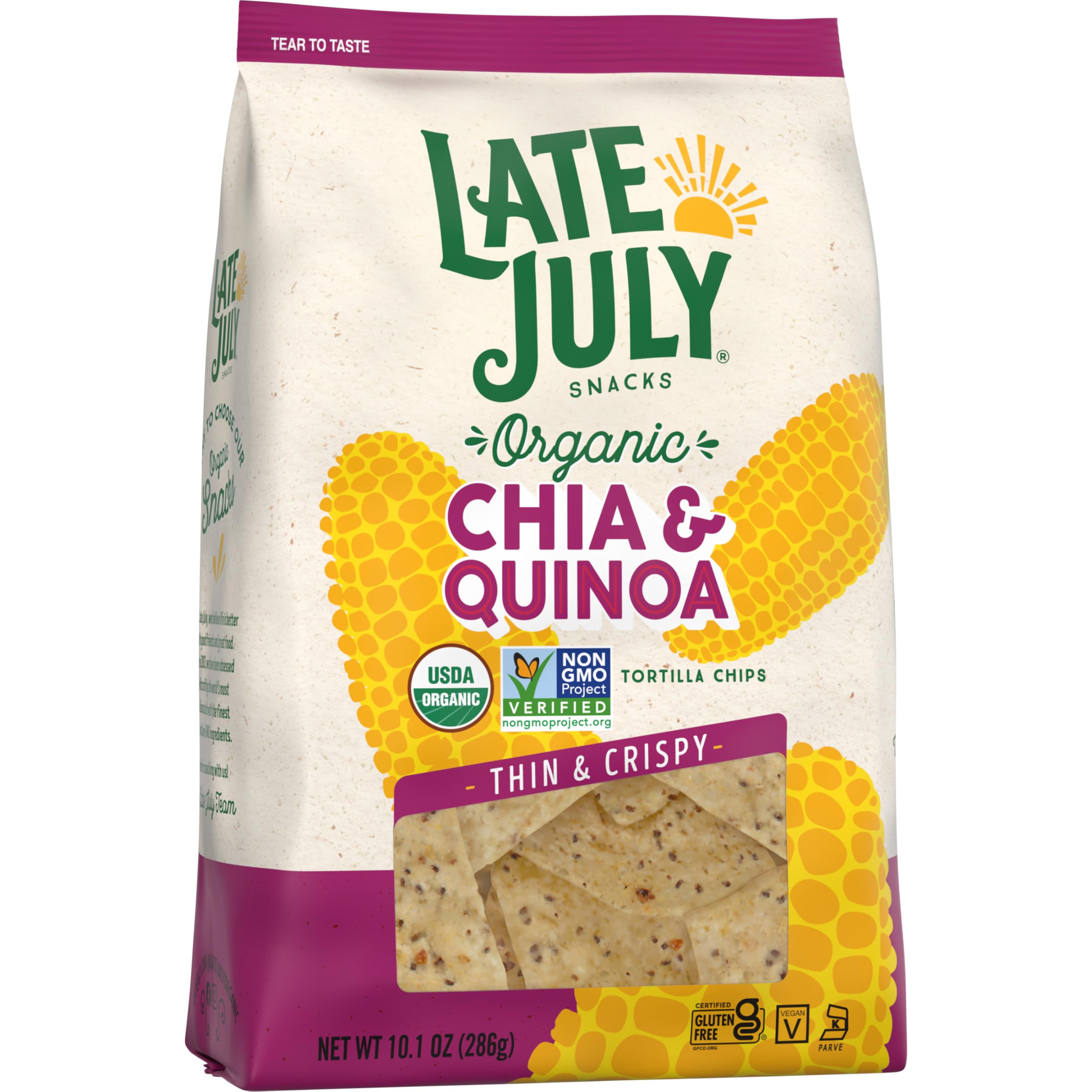 Late July chips with gluten-free, vegan certifications badge