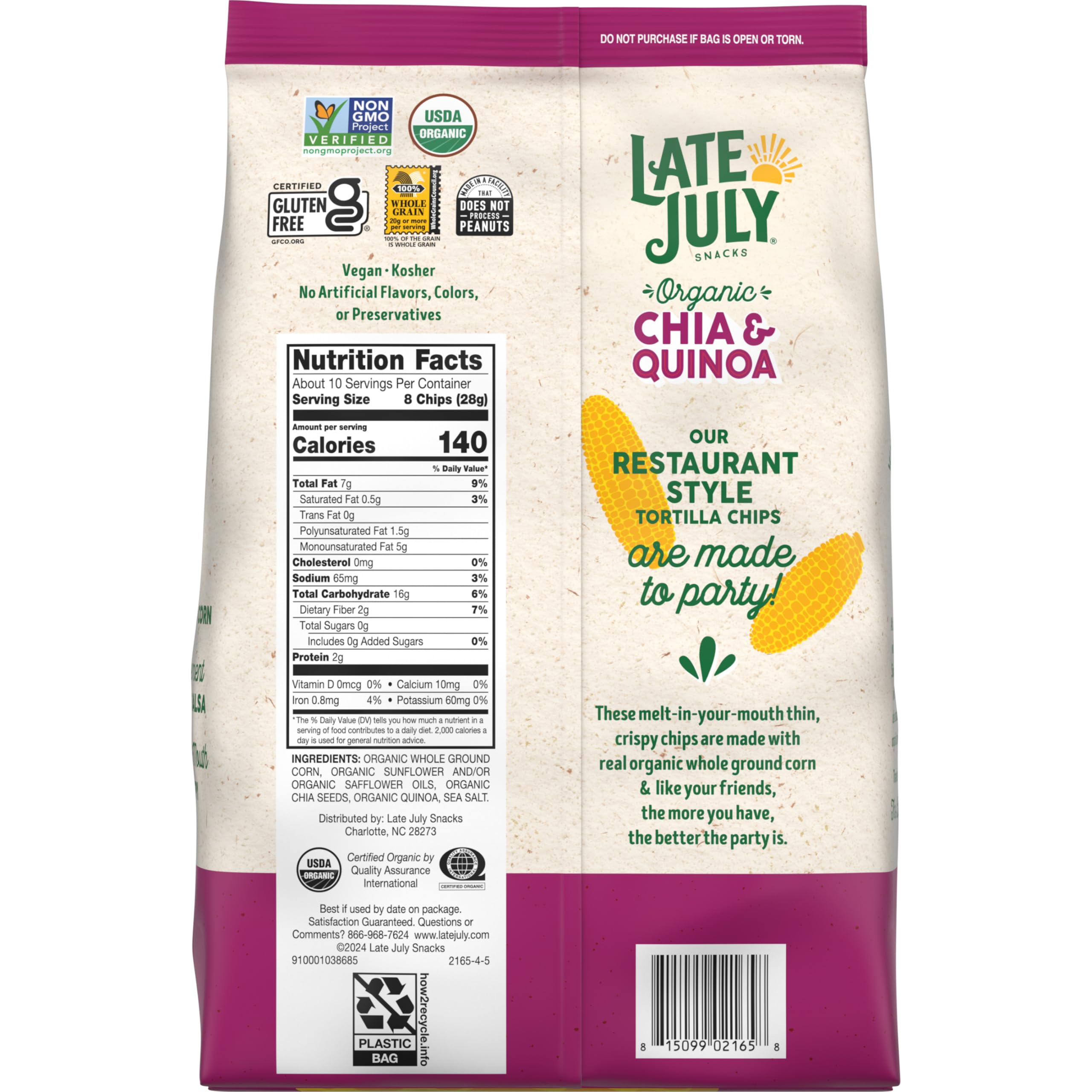 Late July chips ingredients show corn and seeds blend