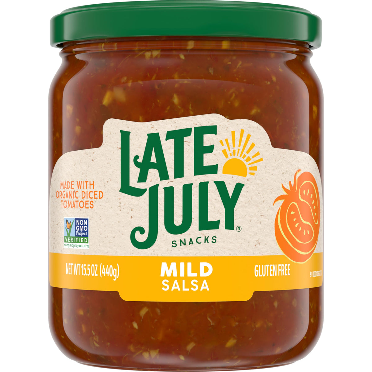 Late July Mild Salsa jar with tomatoes and jalapenos for vibrant dipping.