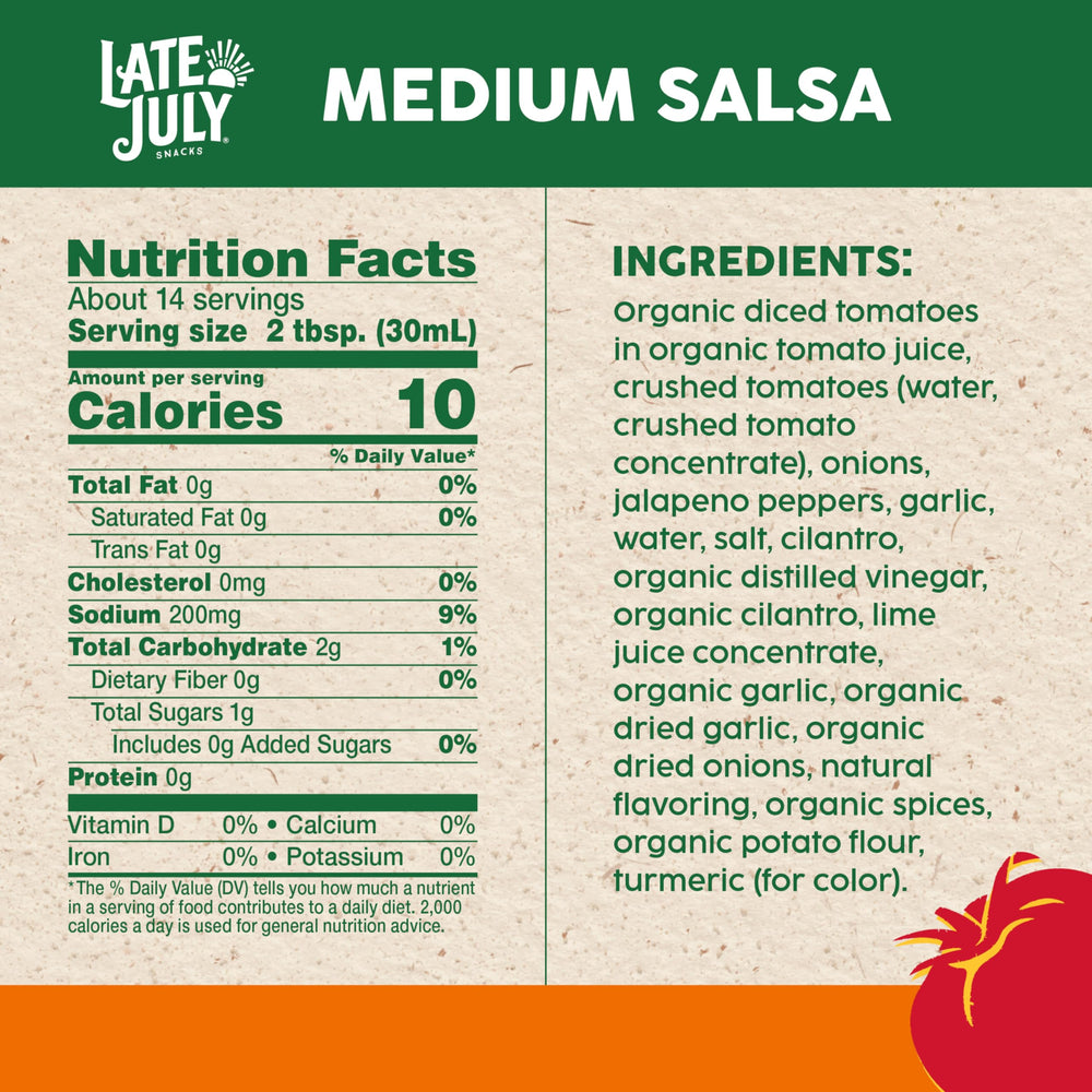 Late July salsa with tortilla chips on a platter, ideal for parties.