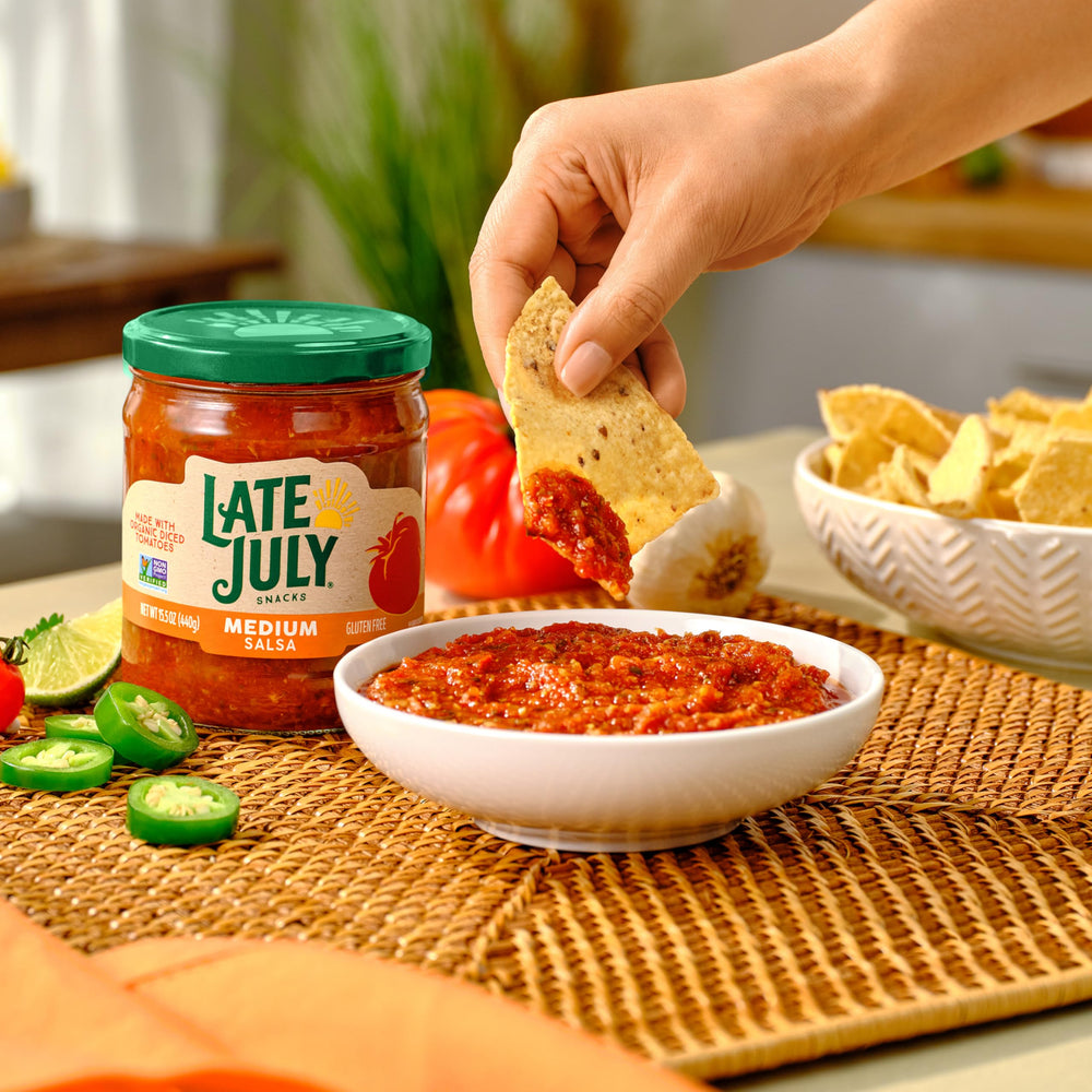 Late July salsa jar beside gluten-free, non-GMO ingredients.