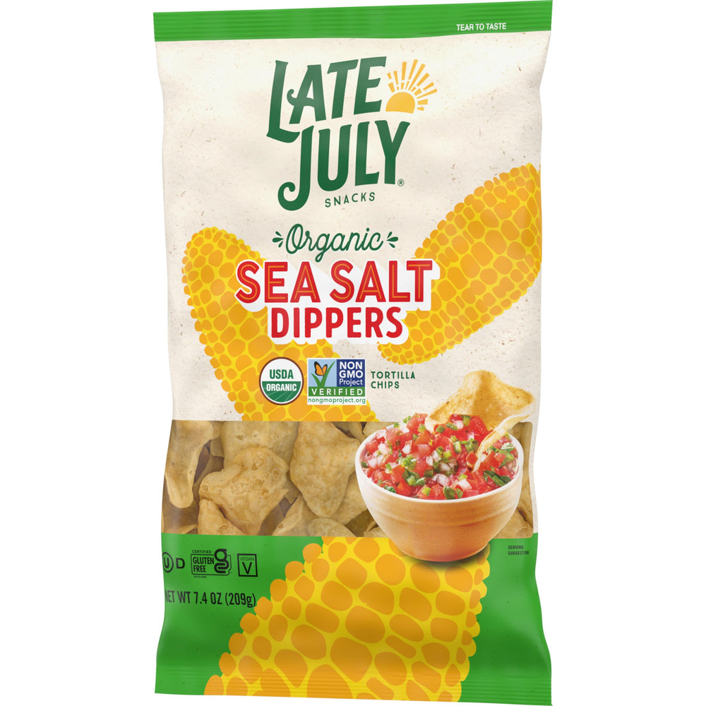 Late July Sea Salt Dippers packaging emphasizes organic, vegan, and gluten-free claims.