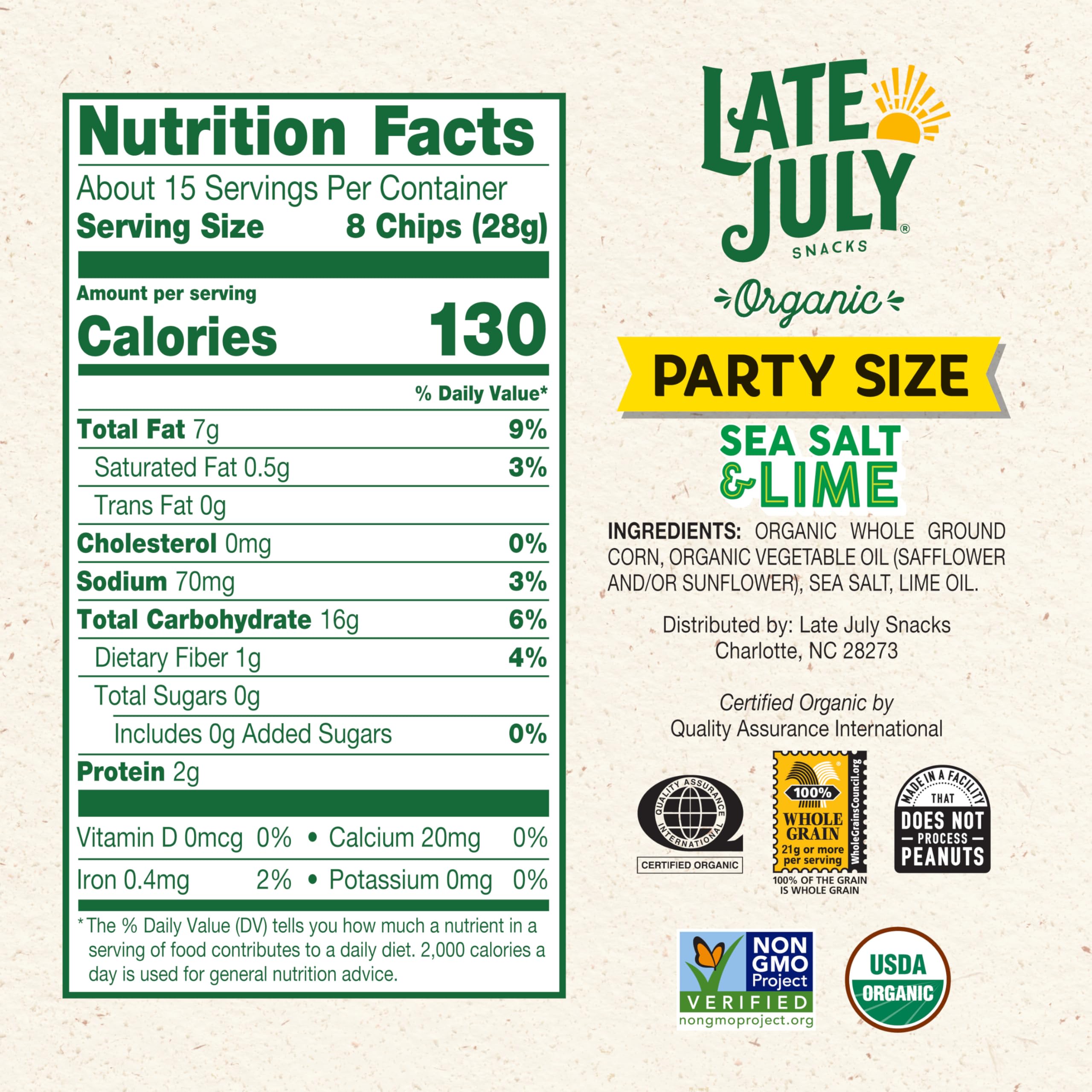 Late July Sea Salt and Lime tortilla chips bag close-up showing thin, crispy chips