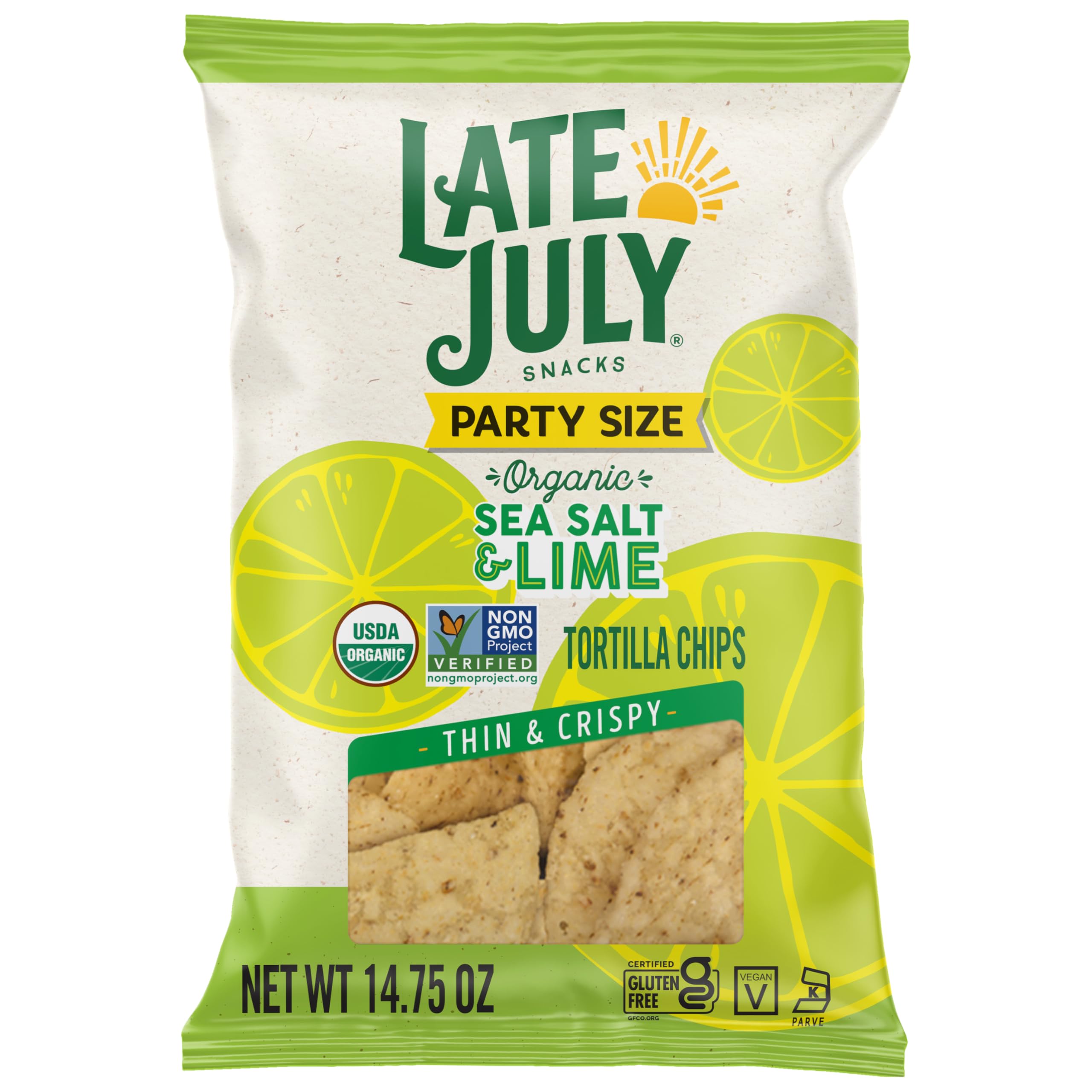 Late July Sea Salt and Lime tortilla chips bag front, crisp and inviting for entertaining