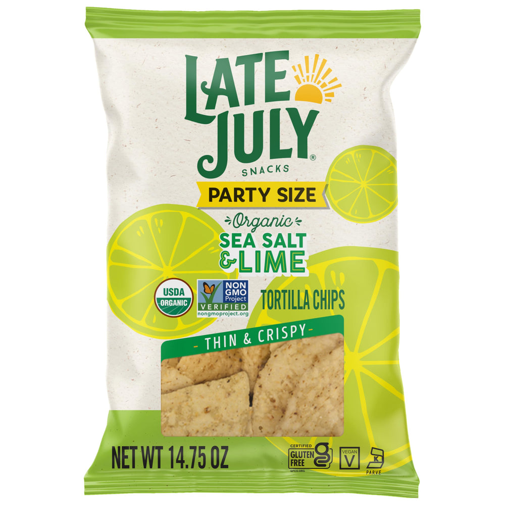 Late July Sea Salt and Lime tortilla chips bag front, crisp and inviting for entertaining