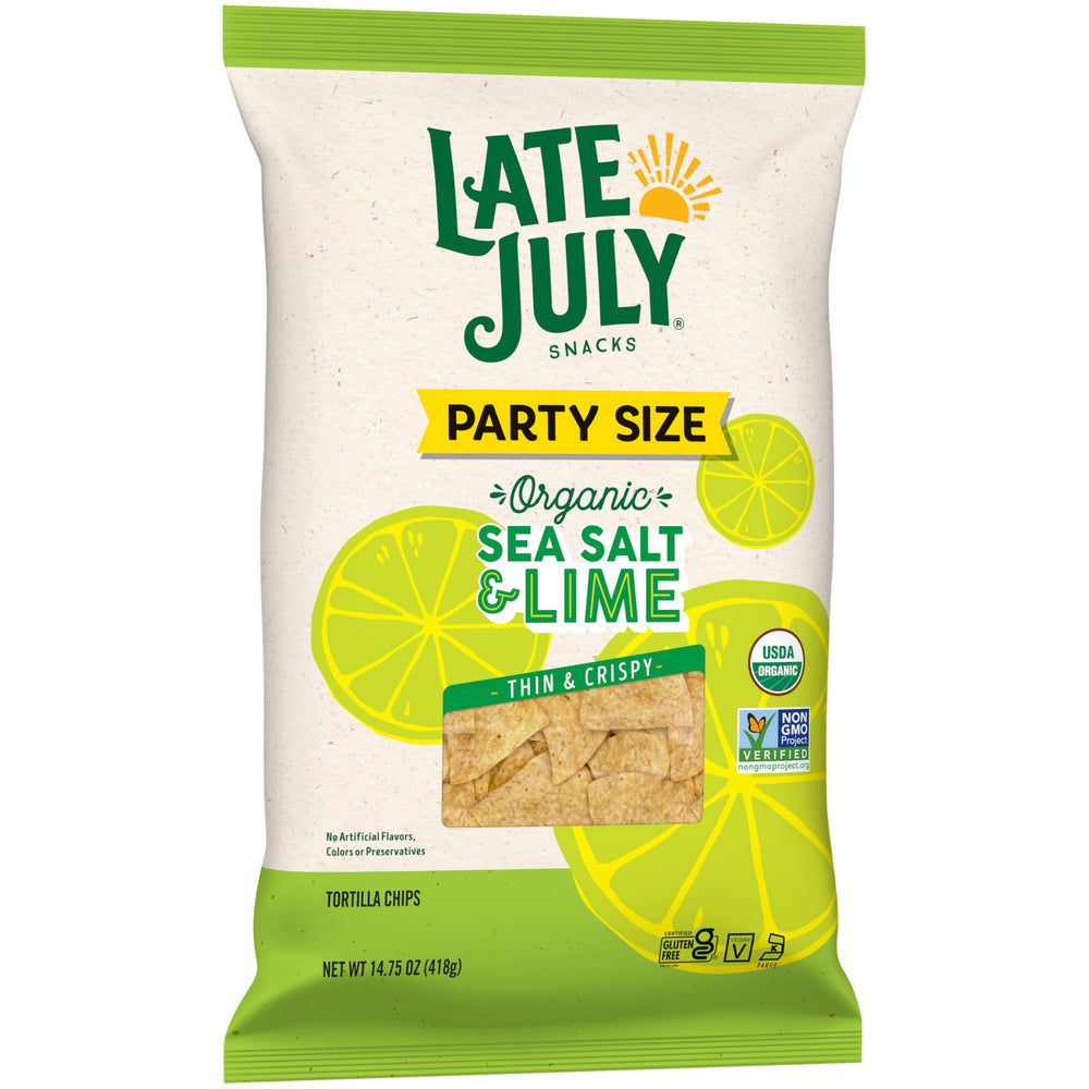 Late July Sea Salt and Lime tortilla chips with organic certification labels