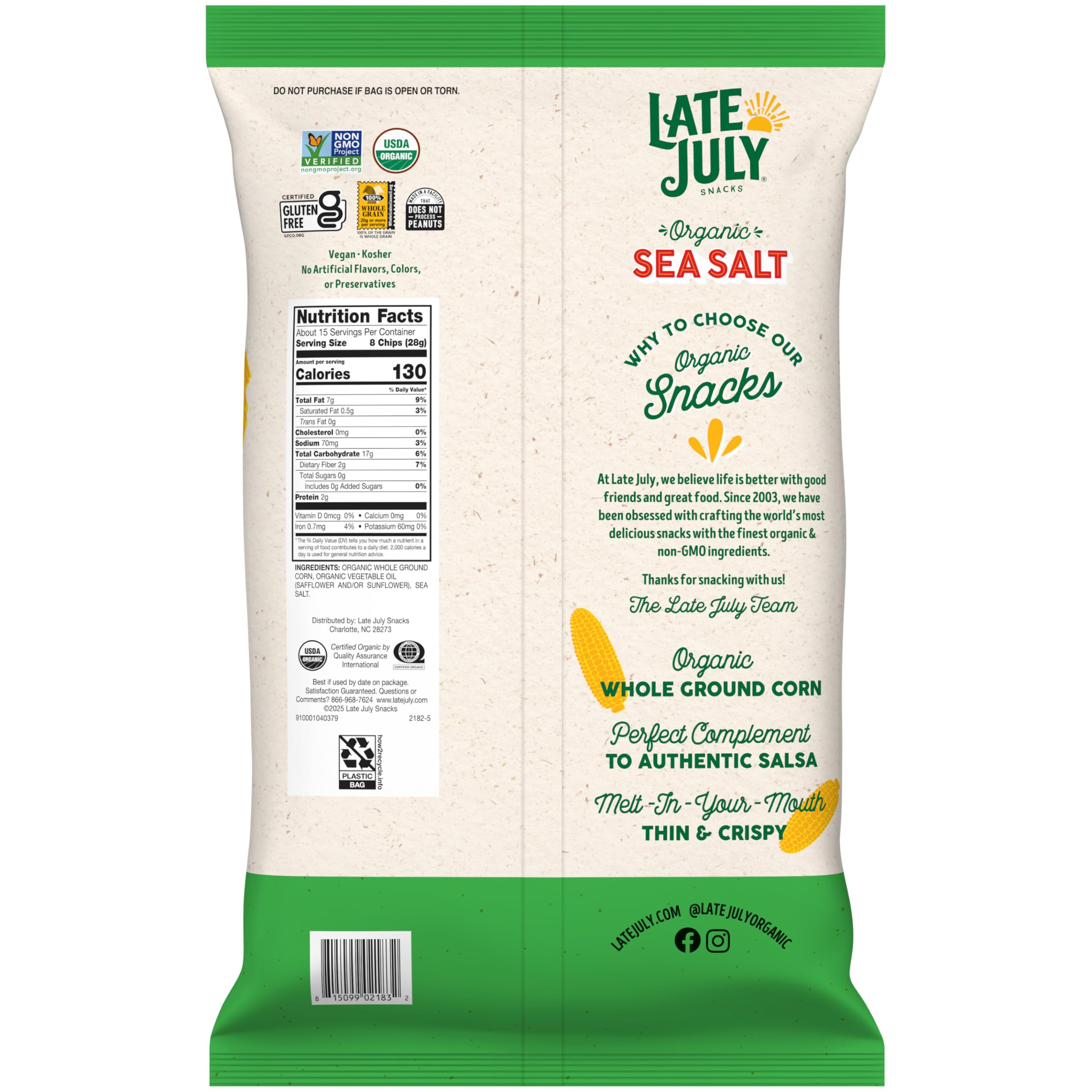 Late July tortilla chips at a party setup show a vegan gluten free snack choice.