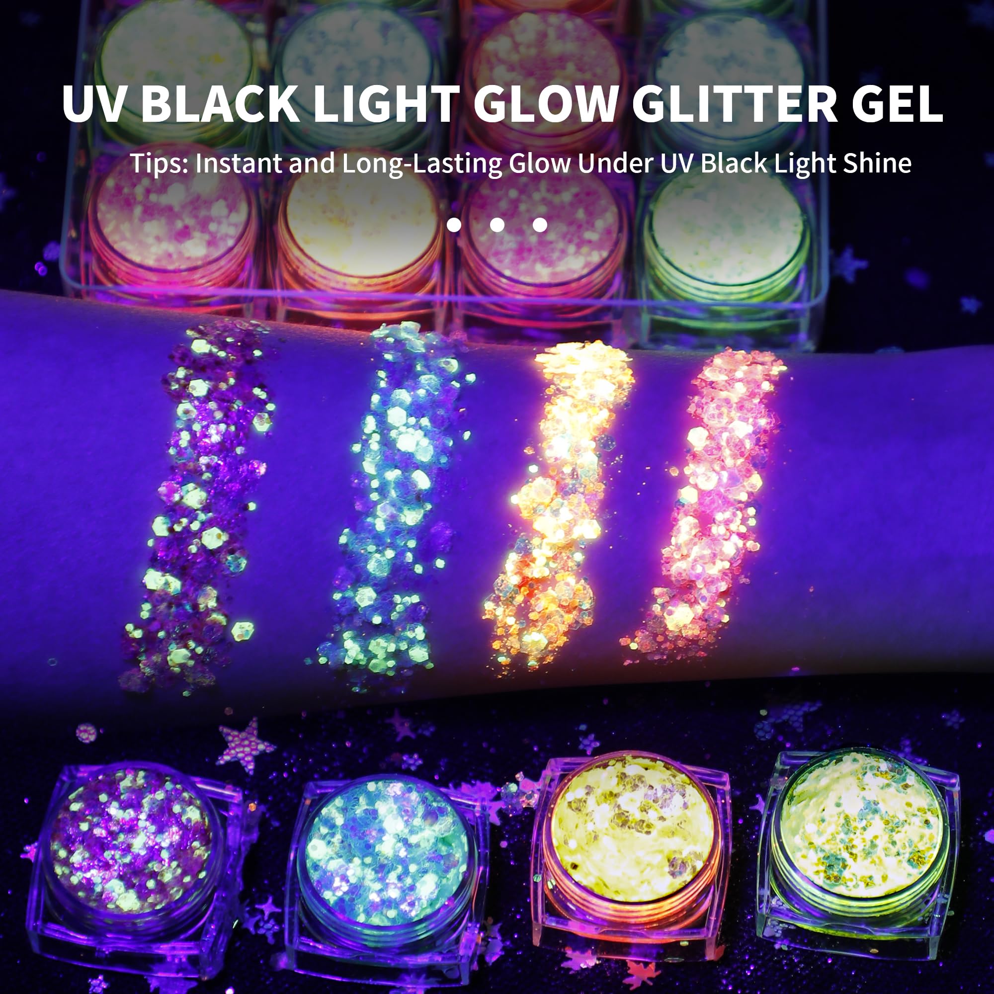 LATIBELL Glow Glitter Gel on body and hair for festival-ready accents.