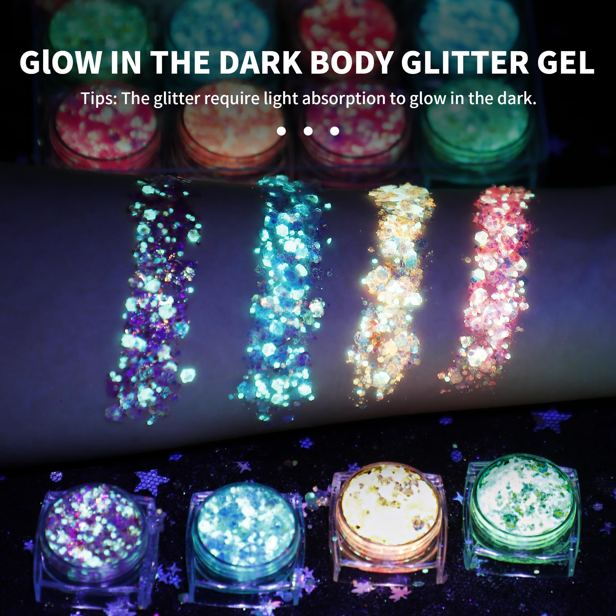 LATIBELL Glow Glitter Gel on eyes and cheekbones adds holographic depth.
