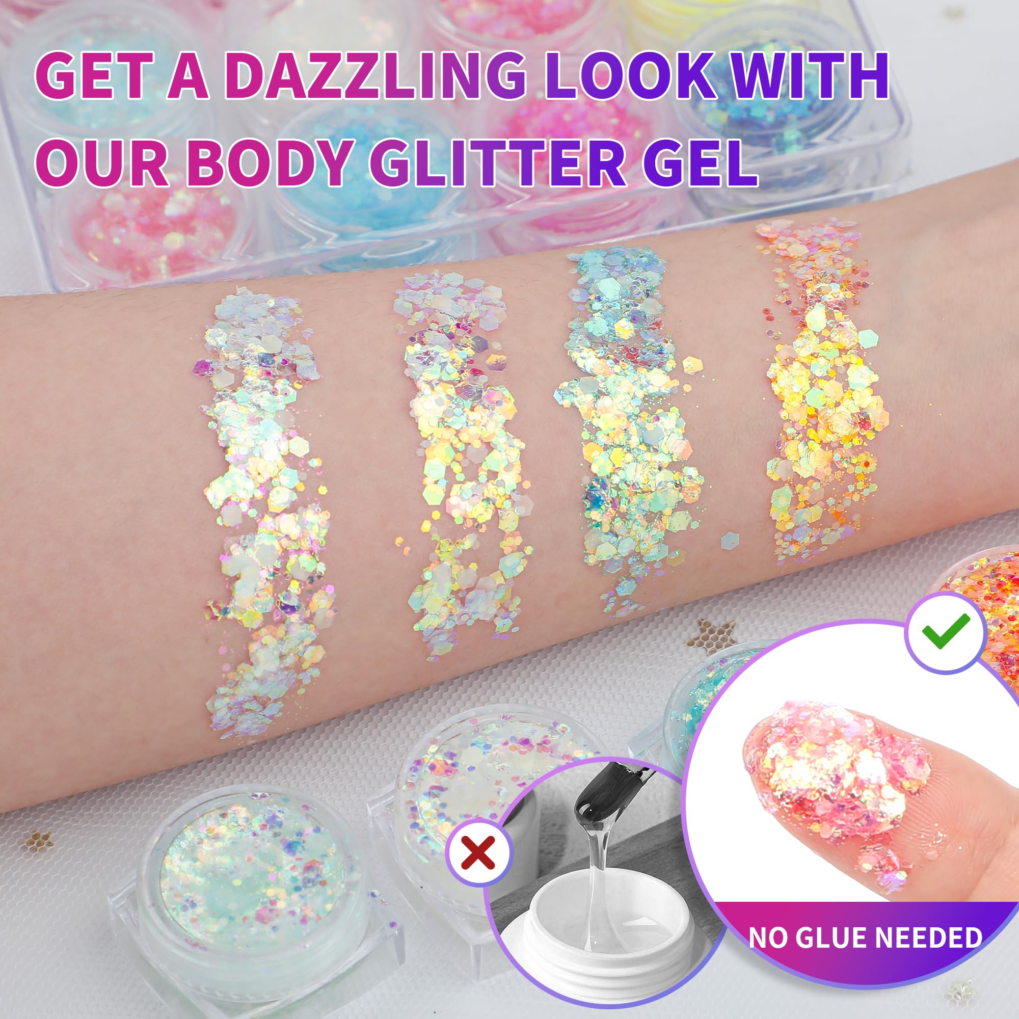 LATIBELL Glow Glitter Gel 12-color palette for versatile mix-and-match looks.