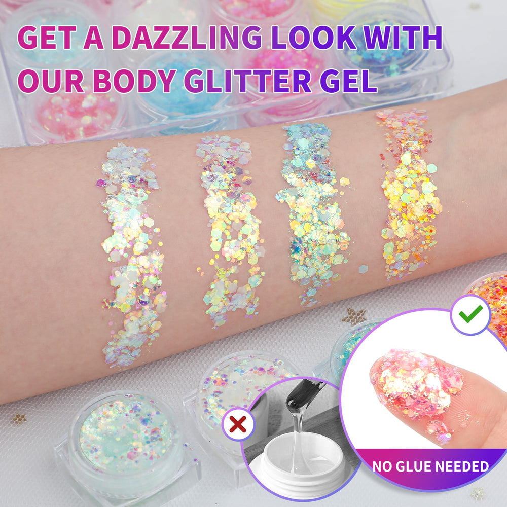 LATIBELL Glow Glitter Gel 12-color palette for versatile mix-and-match looks.