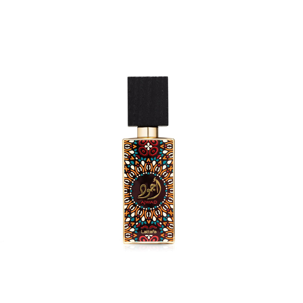 Lattafa Ajwad spray bottle shown, long-lasting aroma for all genders.