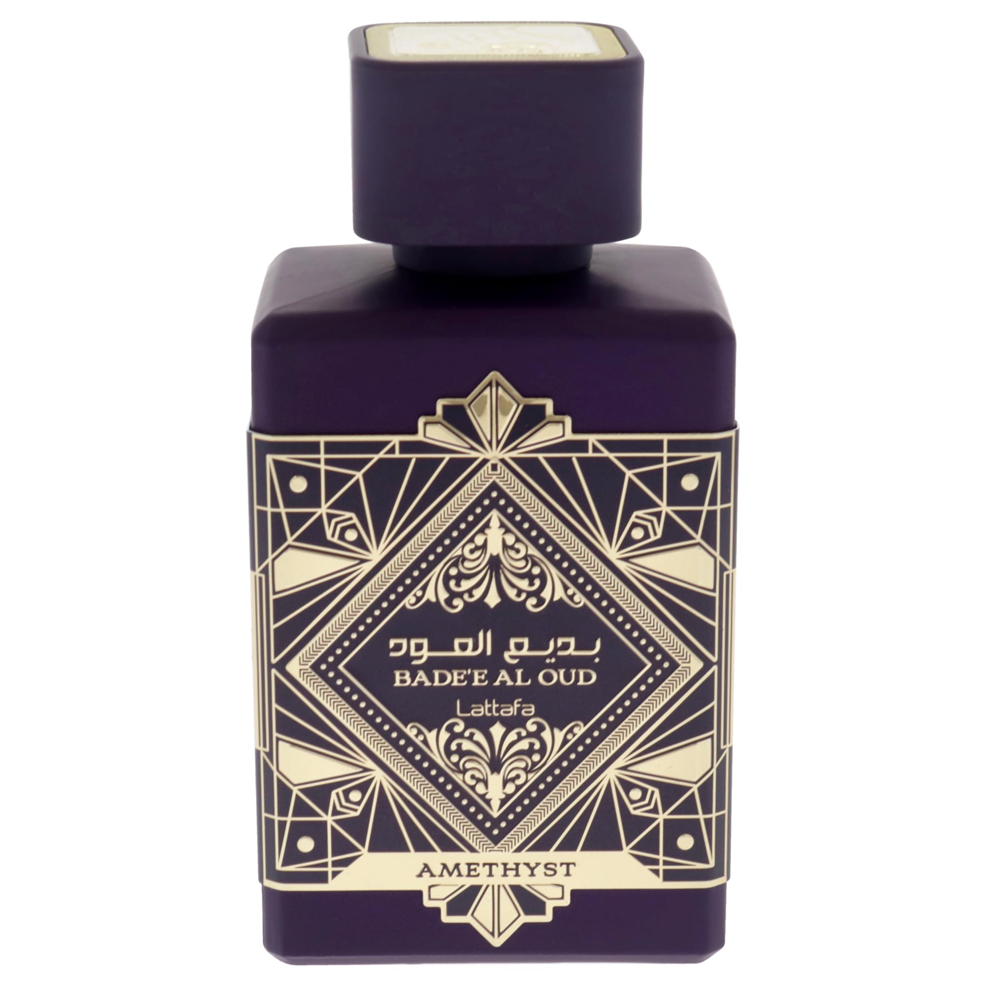 Lattafa Bade'e Al Oud Amethyst bottle side angle, elegant presence for evening occasions.