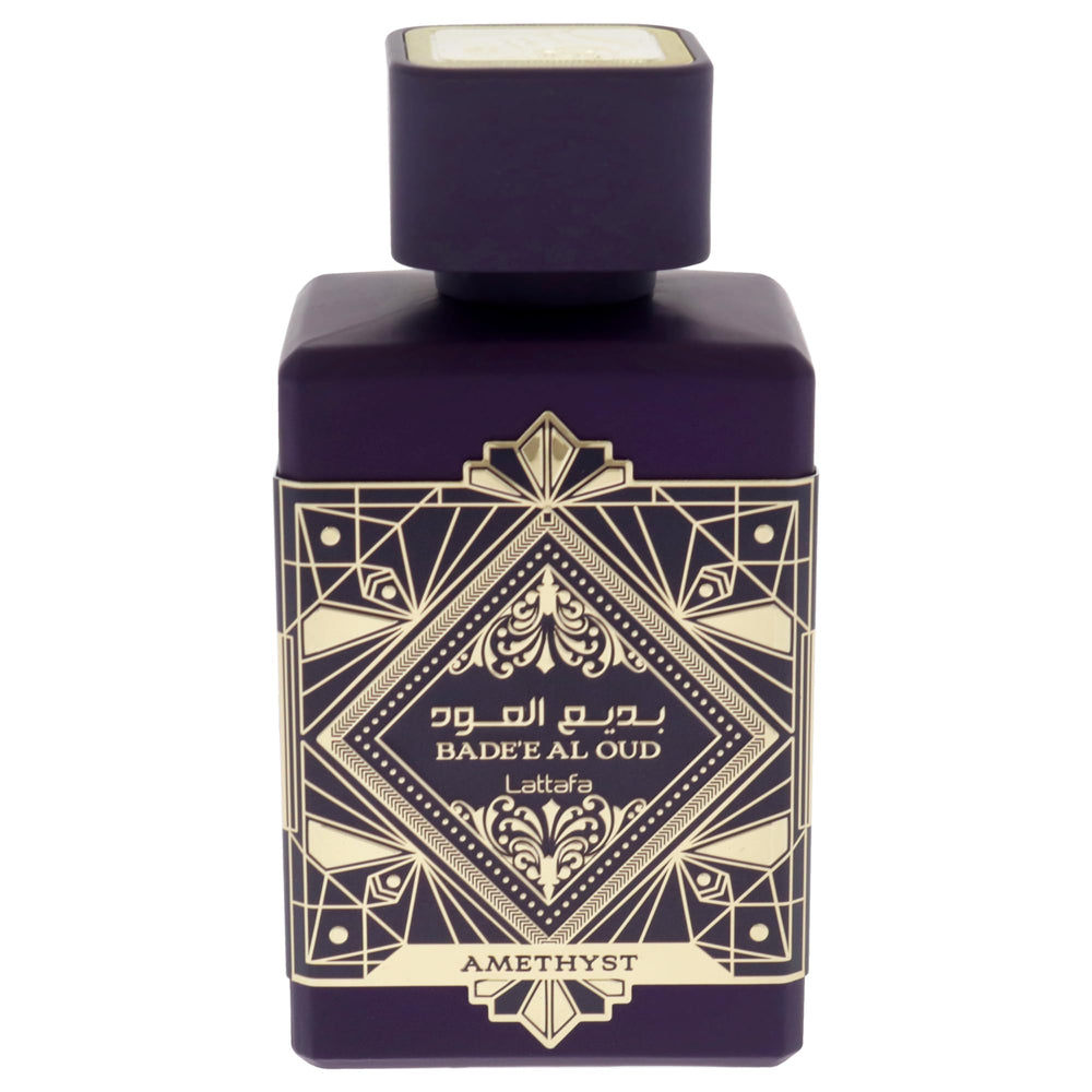 Lattafa Bade'e Al Oud Amethyst bottle side angle, elegant presence for evening occasions.