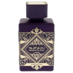 Lattafa Bade'e Al Oud Amethyst bottle side angle, elegant presence for evening occasions.