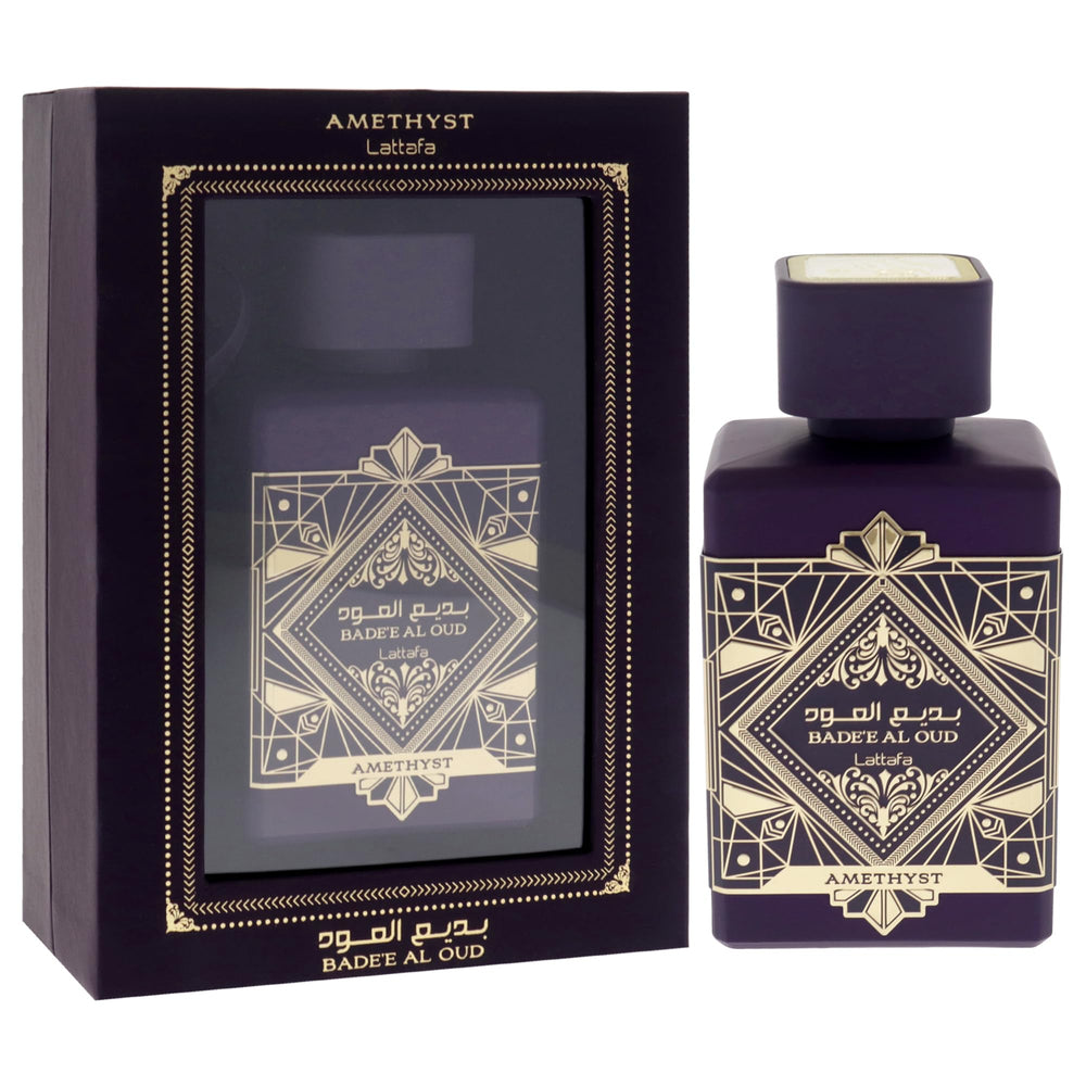 Lattafa Bade'e Al Oud Amethyst cap close-up, premium oud and vanilla note hints.