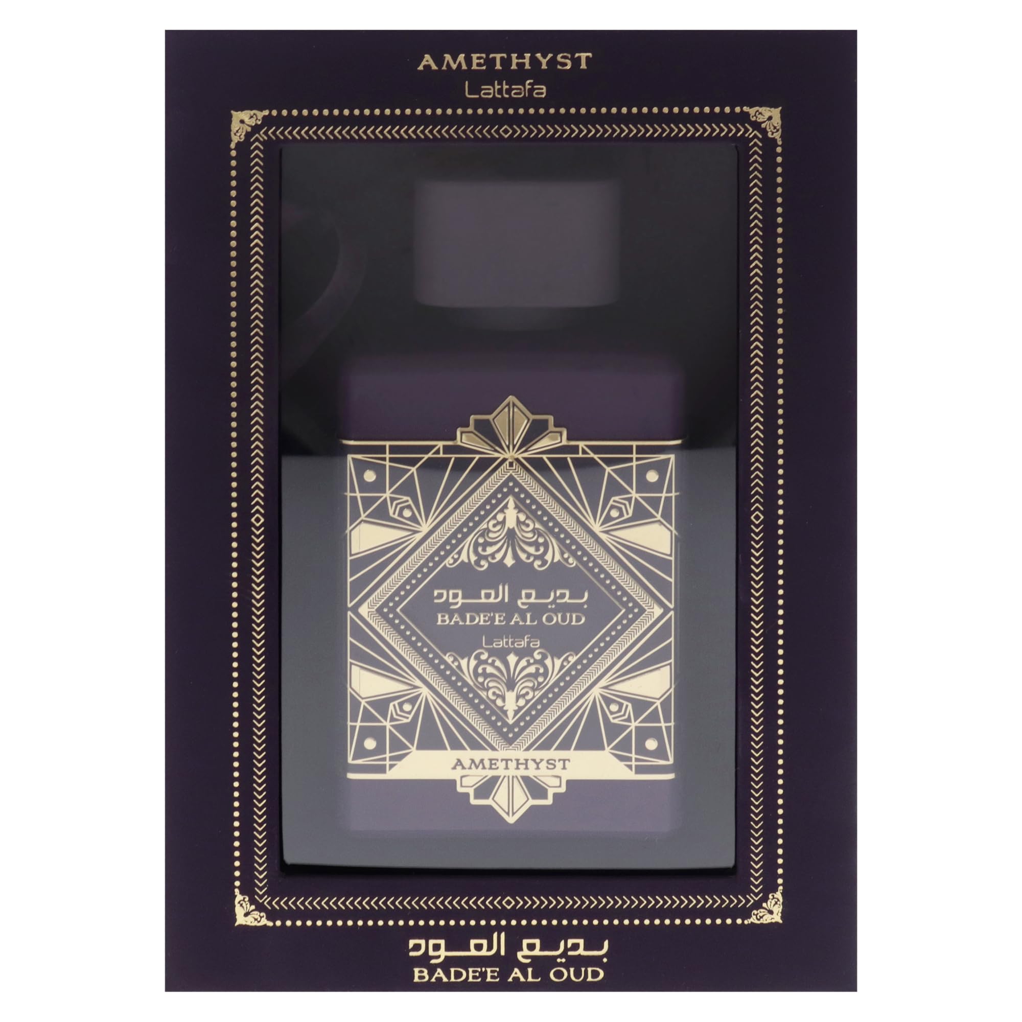 Lattafa Bade'e Al Oud Amethyst label close-up, refined branding and amber vanilla profile.