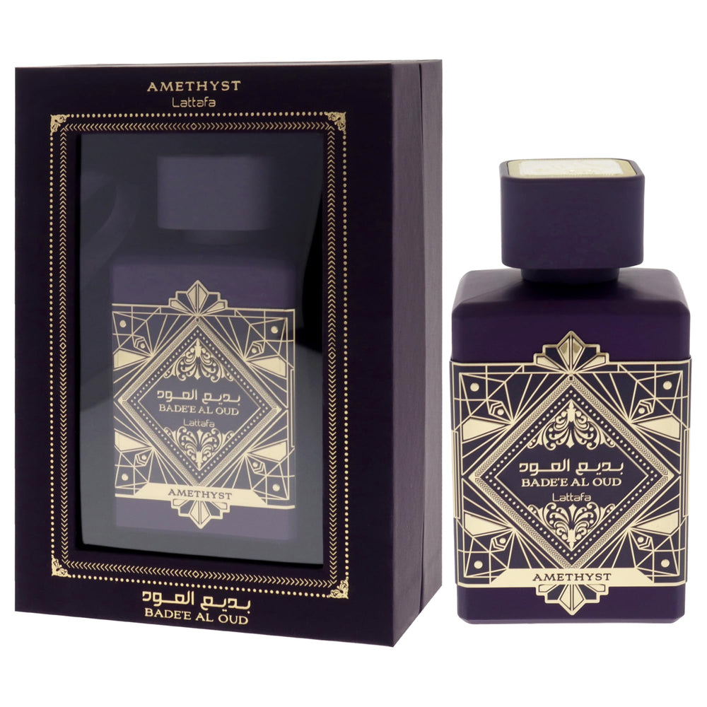 Lattafa Bade'e Al Oud Amethyst packaging box, gifting-ready luxury for special moments.