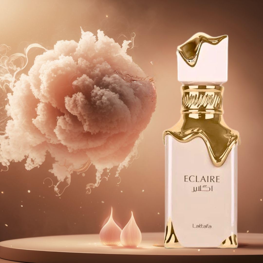 Lattafa Eclaire spray application on skin, a soft, inviting aroma.